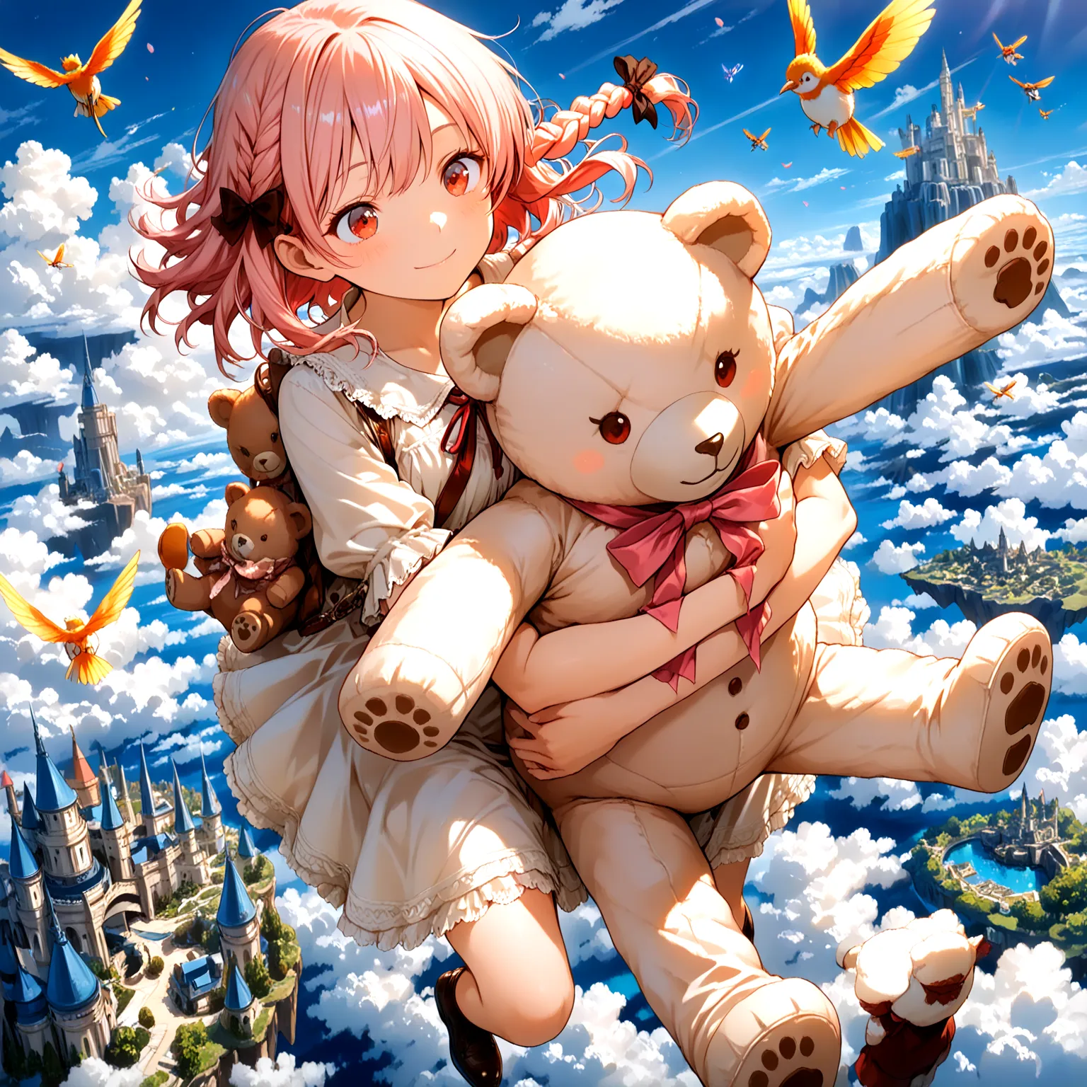 A girl flies through the sky on a giant teddy bear, and、castles floating in the air and birds flapping their wings in a fantastic sky with rainbows spreading