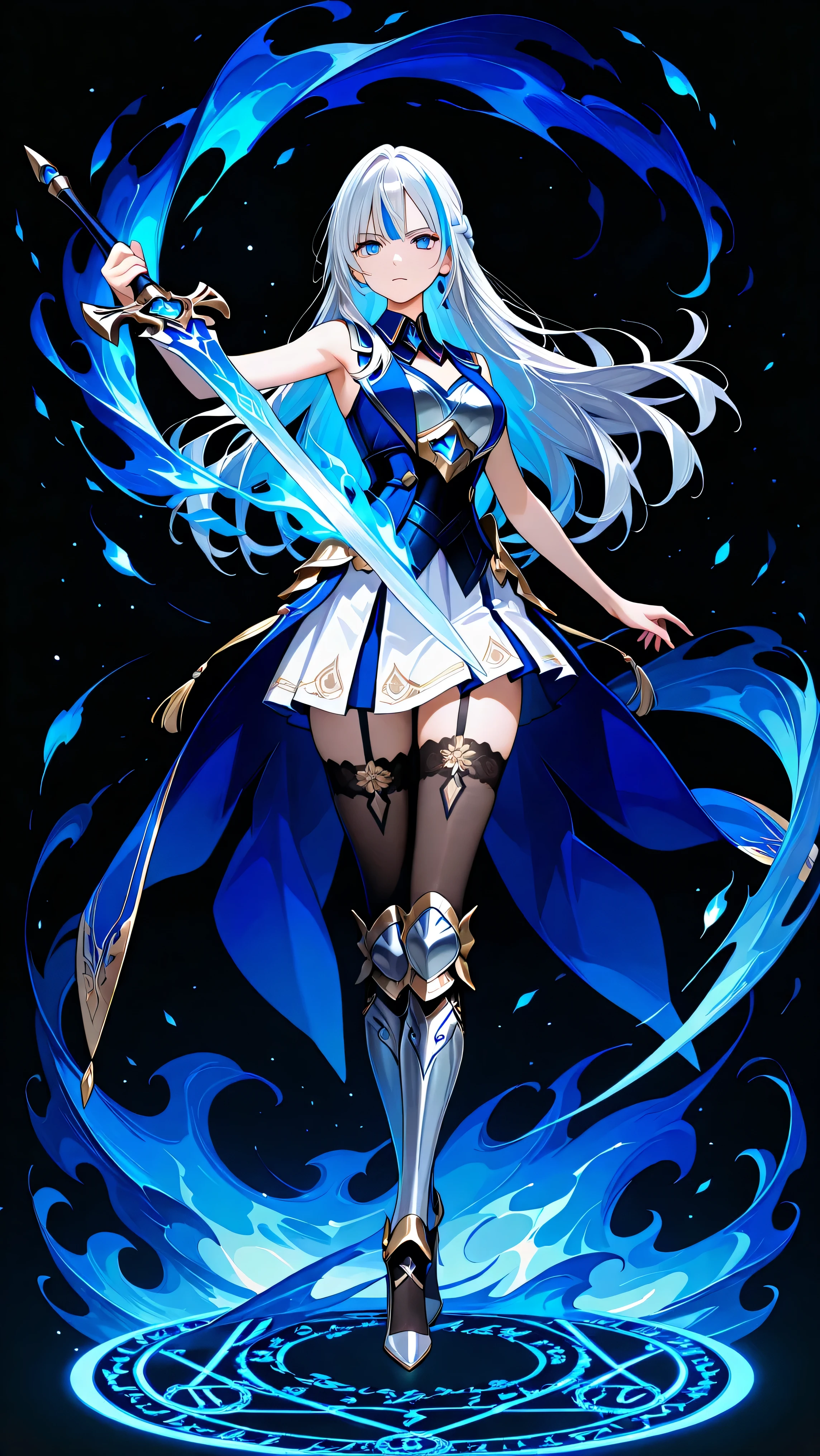 black background, 1girl, solo, masterpiece, female knight theme, detailed face, beautiful woman with long silver hair, blue-streaked white hair, blue eyes and silky hair, long hair down, long right bang, half up half down braid, white chest plate, wearing blue knightly attire, long blue sleeveless coat, white skirt with long blue sides, decorated with golden details on her outfit, sleeveless coat (clothing cutout), sleeveless jacket (clothing cutout), she also wears white bridal handsock that wraps tight onto her entire arms, black stockings underneath shin guards, armored high heels, standing, highly detailed, anime illustration, add golden intricate details on her overall outfit, action pose, blue flames, pale flames, fiery blue flames, blazing blue flames, huge tall blue flames dancing around her, particles, shirt collar, intense bloom, thin sword, glowing magic circle behind her