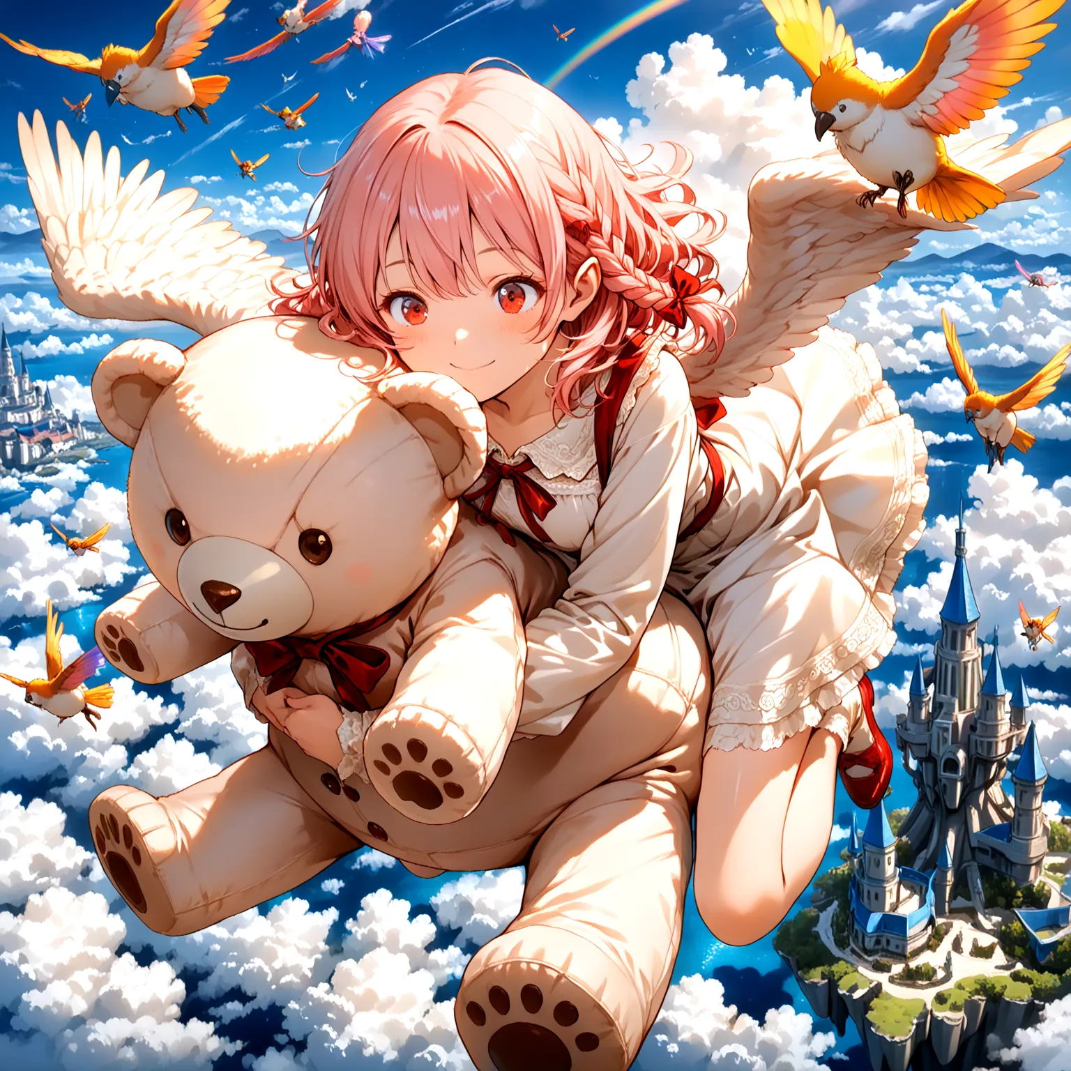 A girl flies through the sky on a giant teddy bear, and、castles floating in the air and birds flapping their wings in a fantastic sky with rainbows spreading