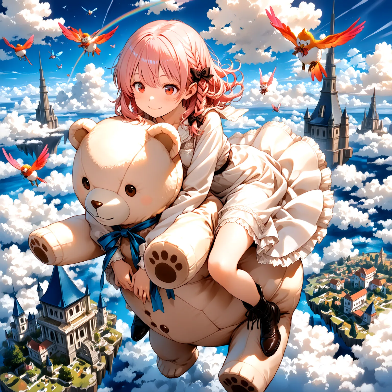 A girl flies through the sky on a giant teddy bear, and、castles floating in the air and birds flapping their wings in a fantastic sky with rainbows spreading
