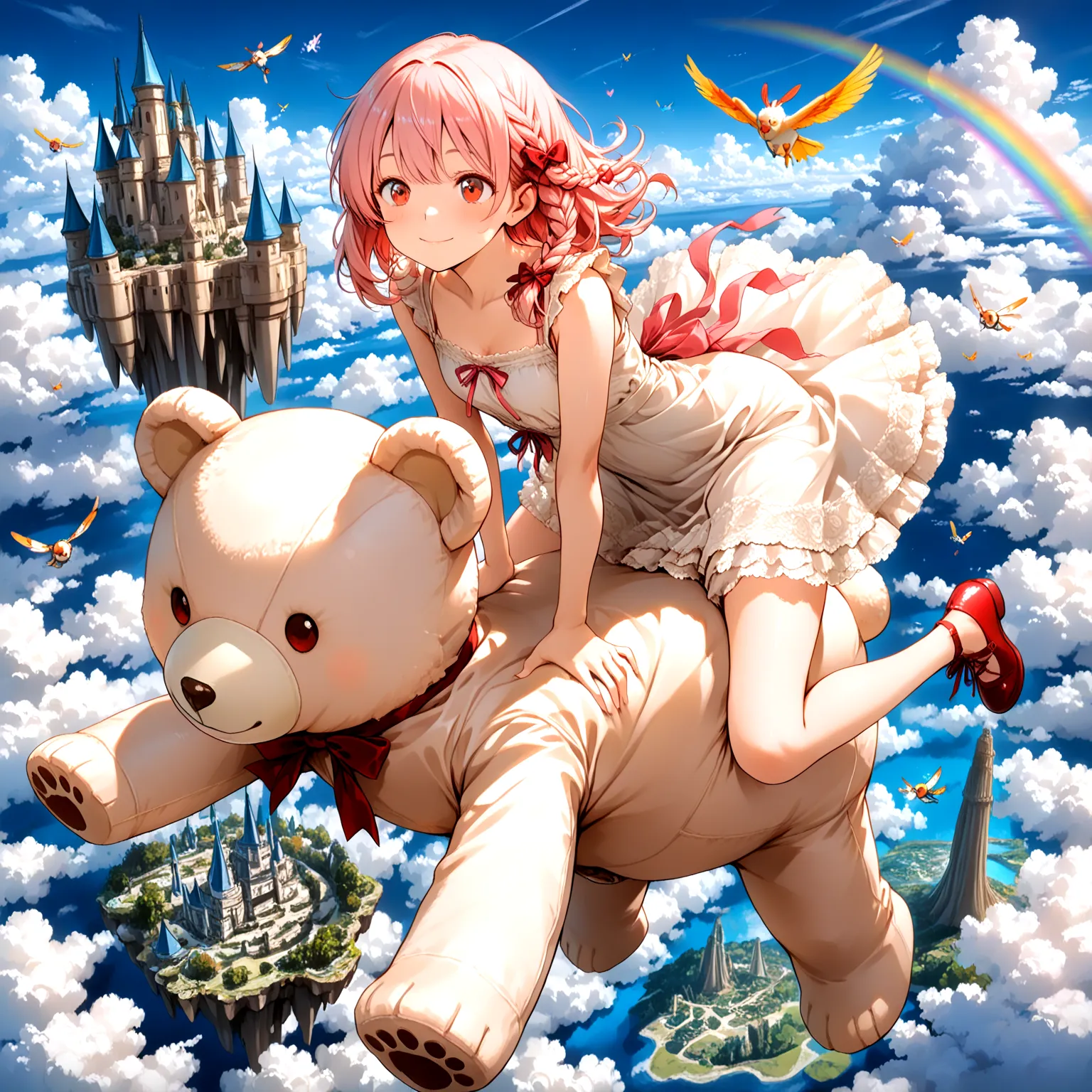 A girl flies through the sky on a giant teddy bear, and、castles floating in the air and birds flapping their wings in a fantastic sky with rainbows spreading