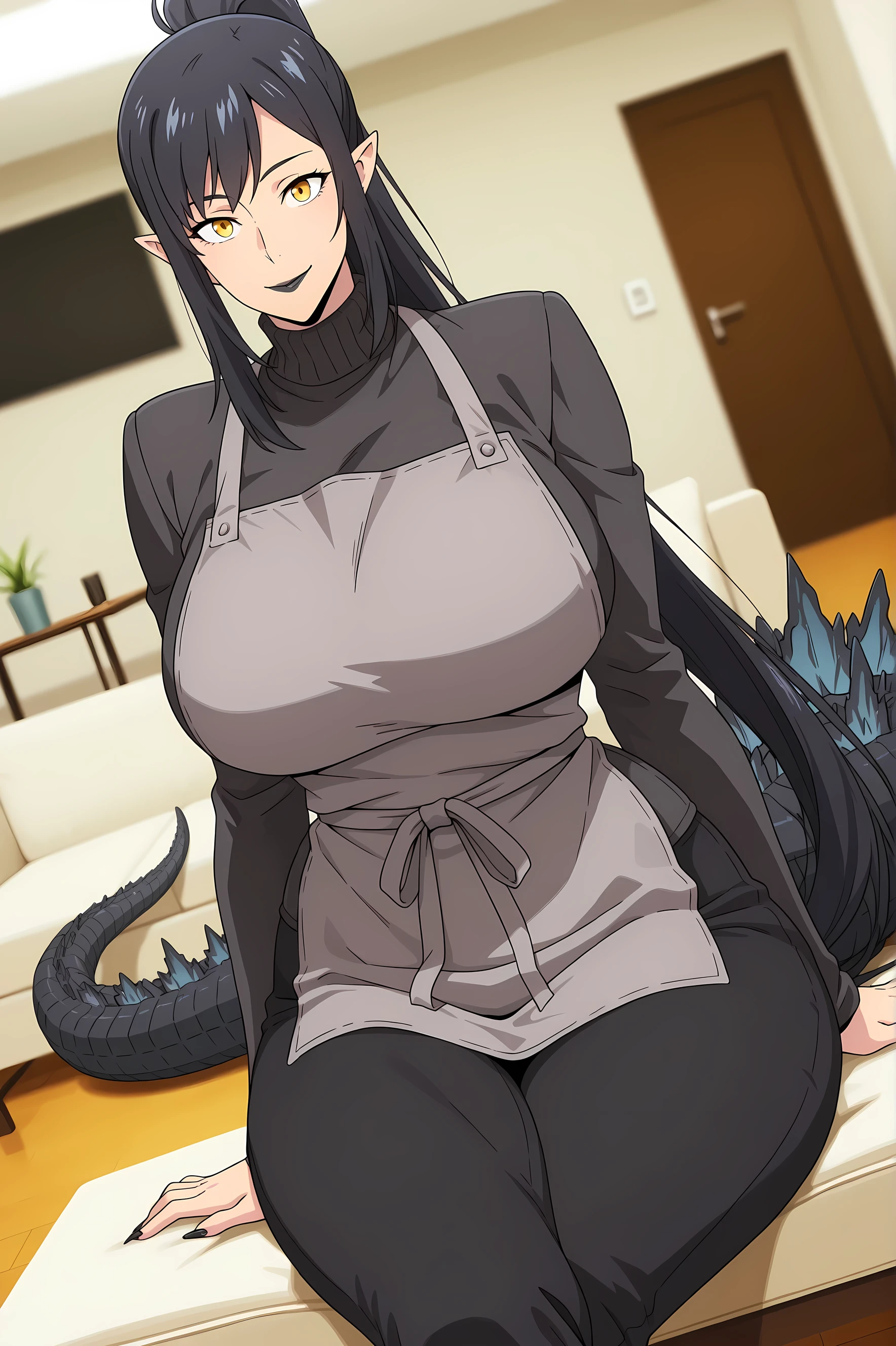 anime screencap, masterpiece, best quality, kajiu-jin-ah, 1girl, Mature Female, yellow eyes, absurdly long hair, ponytail , sidelocks , pointy ears, Godzilla tail, Godzilla large tail, long tail, very long tail, black hair, nails claws, attractive face, detailed face , ractical body shape, glamorous bodies, attractive bodies, large Curvy, Slutty, Neat, big breasts, big buttocks, wide Butt, thick thighs, ((Godzilla 2021 \(Godzilla\) \(cosplay\), ((black turtleneck sweater, grey apron, black pants,)), smile, black Lipstick, fit body, (((Sexy,))), sitting , crossed legs , from front , dutch angle , (looking at viewer) , (cowboy shot) , living room , blurred background,