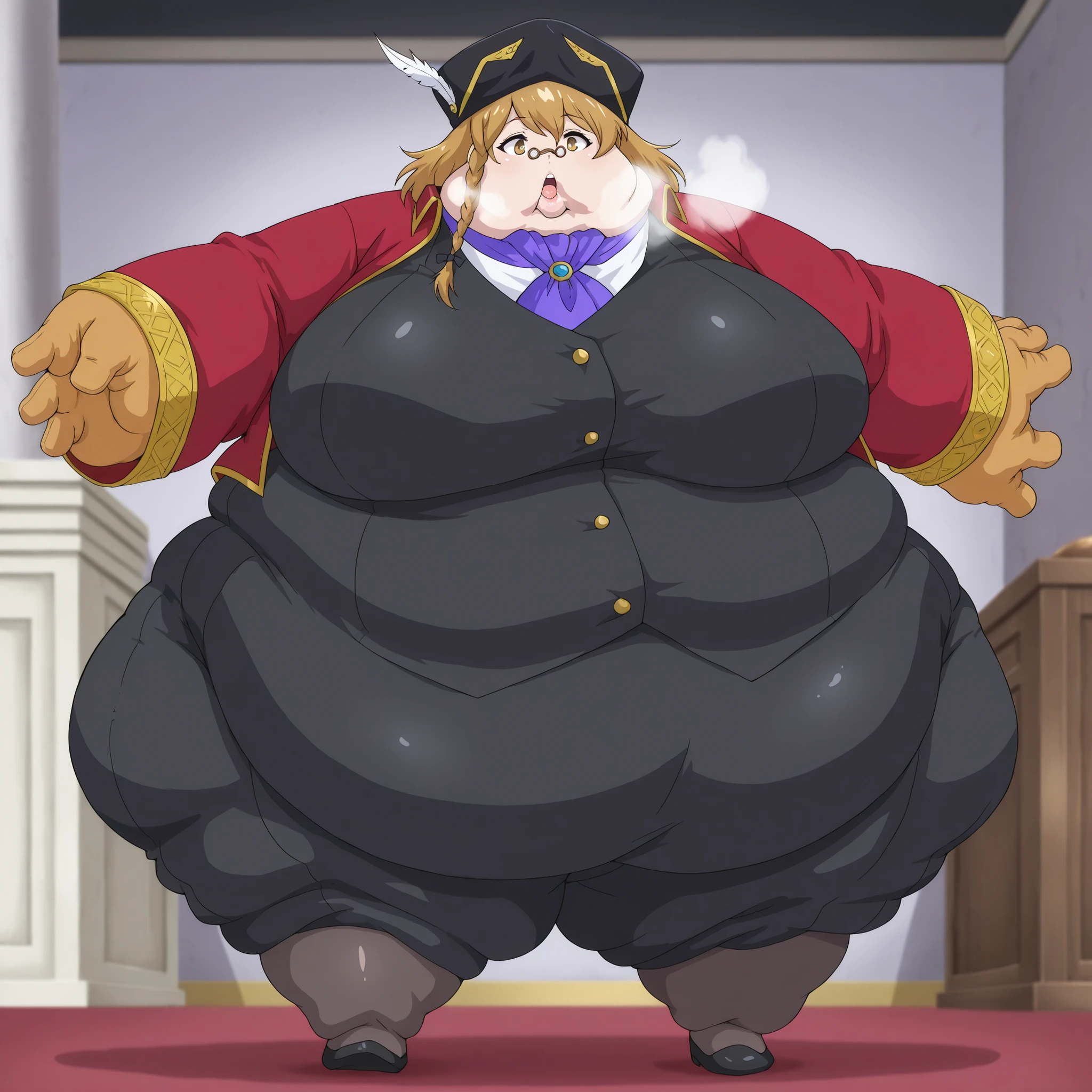 <lora:Guild_Receptionist__Isekai_Smartphone:1> guildreceptionist, glasses, black headwear, large breasts, fat, chubby, obese, fat neck, multiple chins, big breasts open mouth, out of breath, Larger female, full body shot, only head, large head, oversized limbs, large hands, large feet, oversized feet, oversized fingers, big lips, plump lips, fat face, fupa, big fupa, fat fupa, hunchback,
