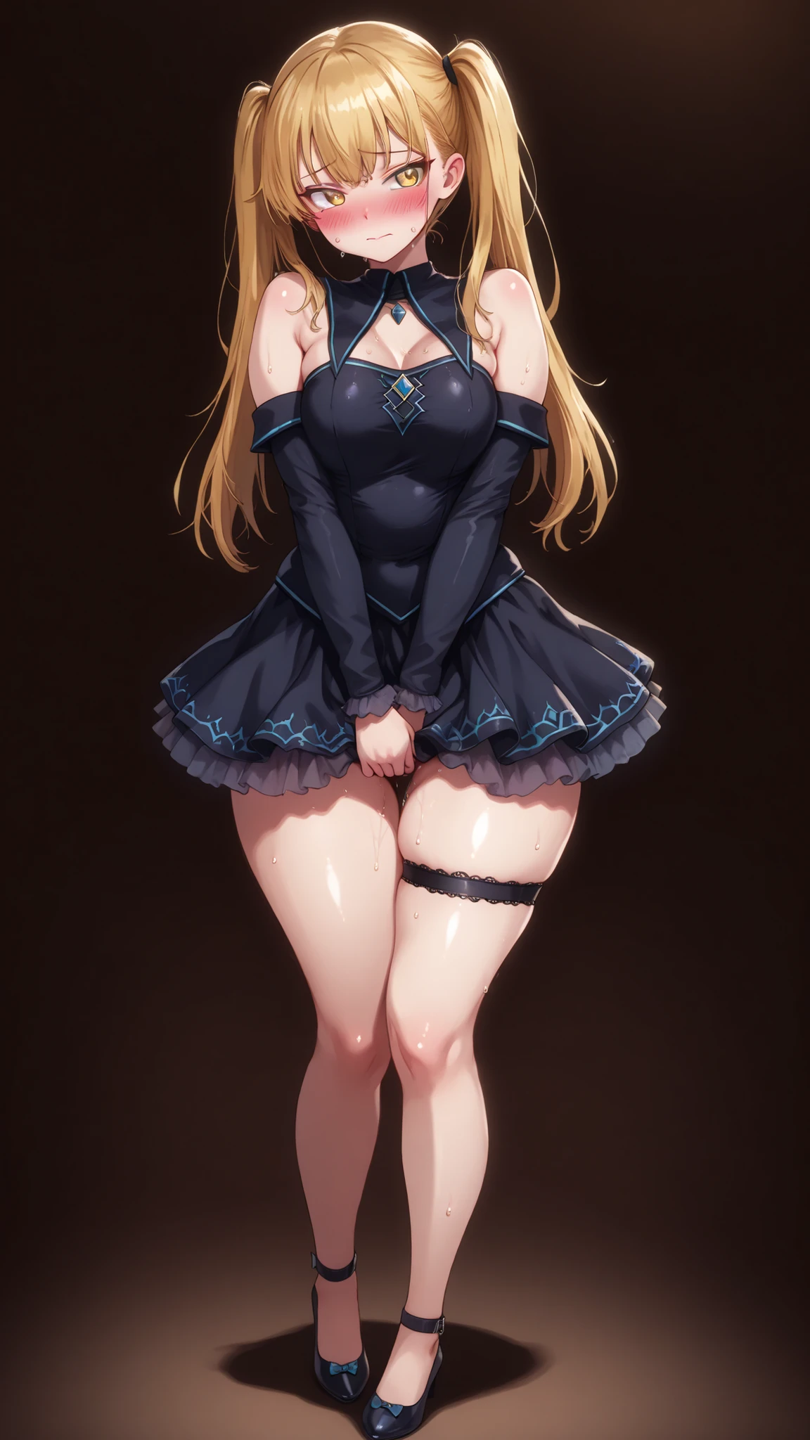 (nsfw),(shy,blush:1.3),Sweat,(skirt),kashiwazakikana,Fantasy,Wizard,idol,sexy dress,(cute),(High Resolution),(More Details), (8K),full body,feets,(yellow hair),long hair,twintails, (tsurime), yellow eyes,(short girl,curvy),(dark:1.2),thigh strap,simple_background