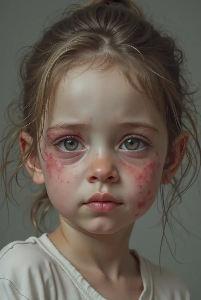 Boy with shaved hair with a cut on his forehead and pimples has slightly crooked ears and with big eyebrows and big eyes with eyelashes