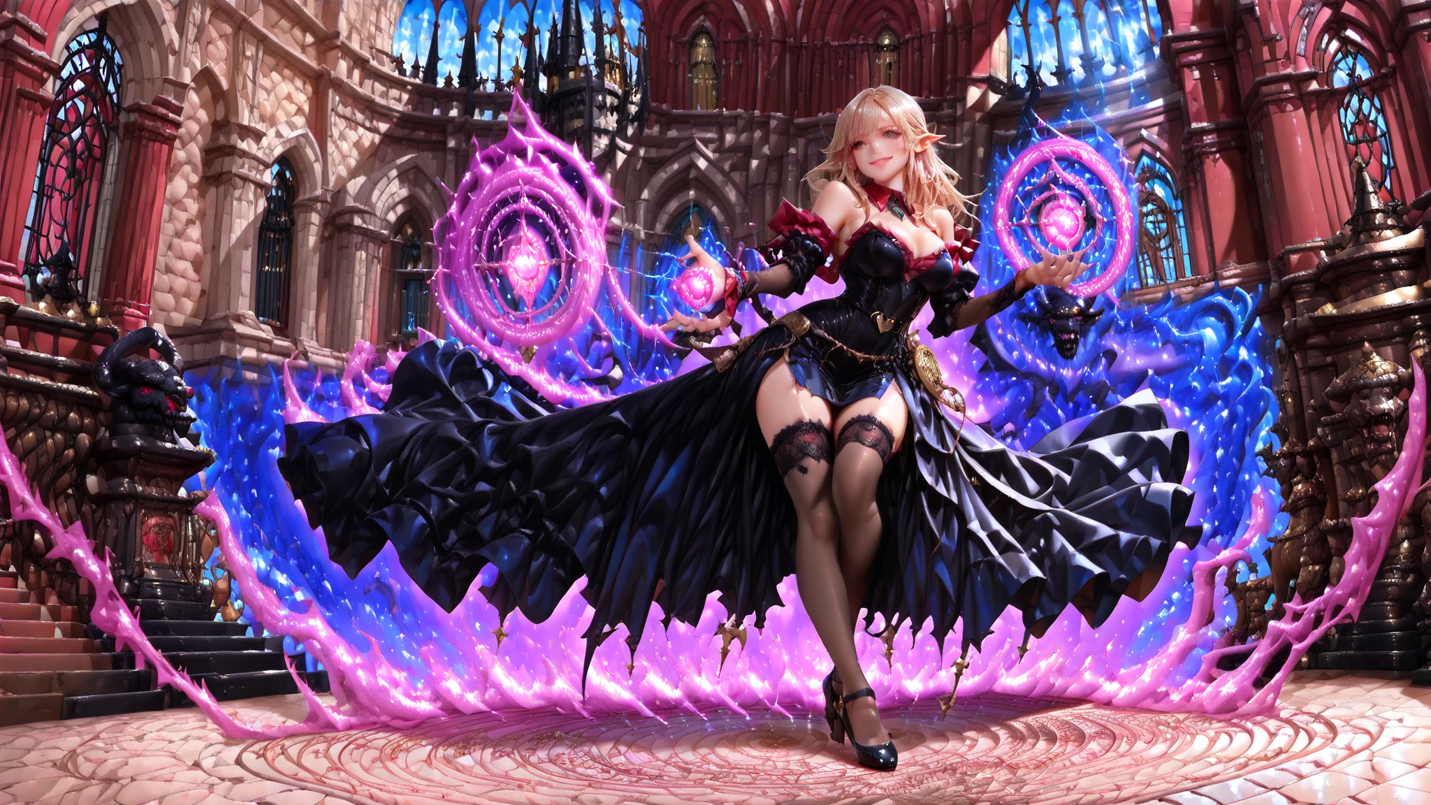 masterpiece, best quality, ultra-detailed, faye, harrieroutfit, smiling, solo, 8k resolution, gorgeous, hourglass figure, close-up, absurdres, cowboy shot, hazel eyes, happy, 2legs, thick thighs, wide hips, huge breasts, electricity covering body, lightning, surrounded by electricity