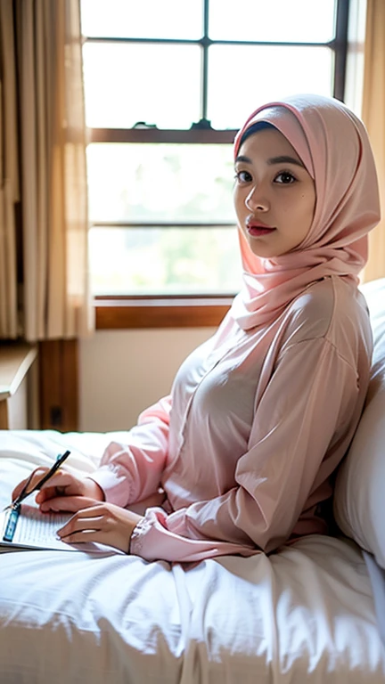 (1 girl), sitting on a chair in an office, ((wearing hijab, wearing shirt, wearing long pants)), shot from above