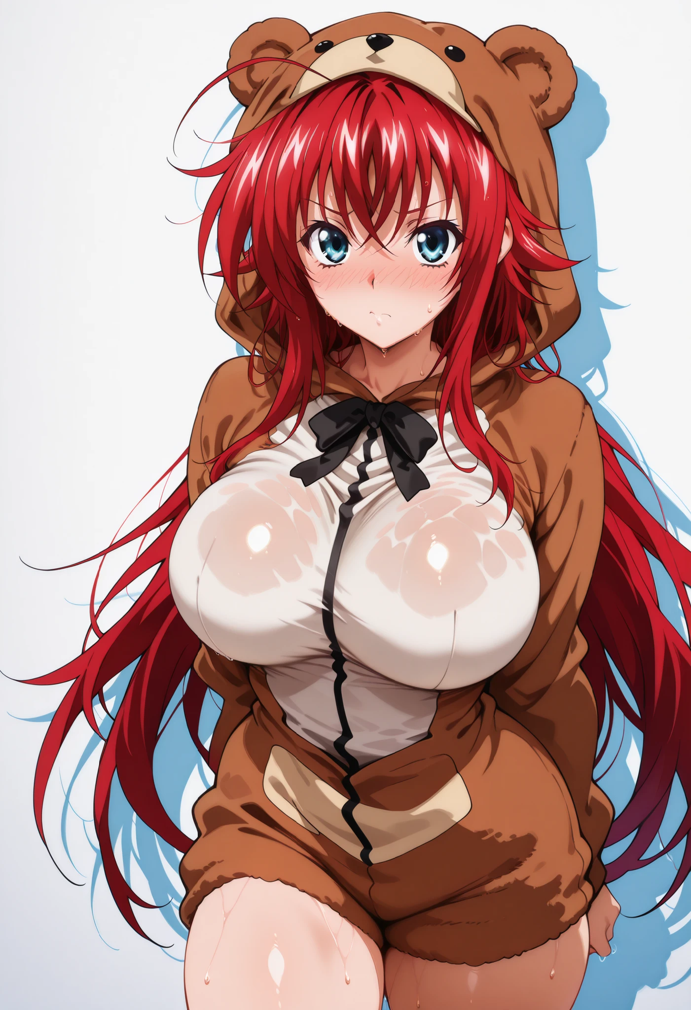 (masterpiece), Anime Style,solo,alone,only 1 girl,Rias Gremory standing, , , COWBOY SHOT, detailed rendering, smooth skin ,, looking at viewer, nose blush, shiny legs, shiny body, shiny hair, clear skin, clear body, sweat, sweaty, sweaty:1.3, solo, thick thigh, thick thighs, solo, female, ,, looking at viewer, , STANDING, POSING, COWBOY SHOT, NICE LEGS, opaque clothes,, ,, solo, , thick thigh, dynamic pose,, ,,,, white background, empty background,, COVERED , bear costume