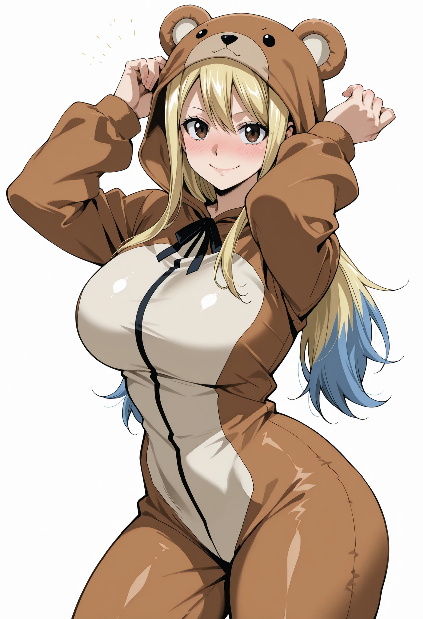 score_9, score_8_up, score_7_up, source_anime, lucy heartfilia, long hair, blonde hair, , brown eyes,,, blue hair ribbon,, blush, drunk,, , looking at viewer,, , solo,, , big , thick thigs, wide , slim waist, mature body, nose blush,, looking at viewer, nice legs, legs, standing, solo, female, shiny skin, shiny hair, shiny body, clear body,,, cowboy shot ,,,, ,,,, , looking at viewer, NOSE BLUSH,,wide , slim waist,,, shiny skin, shiny hair, shiny body, clear body, , solo, STANDING, POSING, thick thighs, thighs, solo, standing, POSING,, perfect eyes, white background, empty background, distinc shadows, solo, , thick thigh, dynamic pose,,,, LOOKING AT VIEWER, WHITE BACKGROUND, EMPTY BACKGROUND, soft smile,, DYNAMIC POSE,, big ,,, , LOOKING AT VIEWER, WHITE BACKGROUND, EMPTY BACKGROUND, soft smile,, DYNAMIC POSE, bear costume