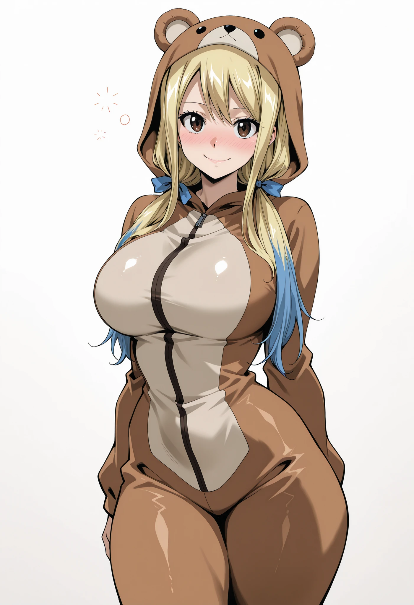 score_9, score_8_up, score_7_up, source_anime,  lucy heartfilia, long hair, blonde hair, , brown eyes,,, blue hair ribbon,, blush, drunk,, , looking at viewer,, , solo,, , big , thick thigs, wide , slim waist, mature body, nose blush,, looking at viewer, nice legs, legs, standing, solo, female, shiny skin, shiny hair, shiny body, clear body,,, cowboy shot ,,,, ,,,, , looking at viewer, NOSE BLUSH,,wide , slim waist,,, shiny skin, shiny hair, shiny body, clear body, , solo, STANDING, POSING, thick thighs, thighs, solo, standing, POSING,, perfect eyes,  white background, empty background, distinc shadows,  solo, , thick thigh, dynamic pose,,,, LOOKING AT VIEWER, WHITE BACKGROUND, EMPTY BACKGROUND, soft smile,, DYNAMIC POSE,, big ,,,  , LOOKING AT VIEWER, WHITE BACKGROUND, EMPTY BACKGROUND, soft smile,, DYNAMIC POSE, bear costume