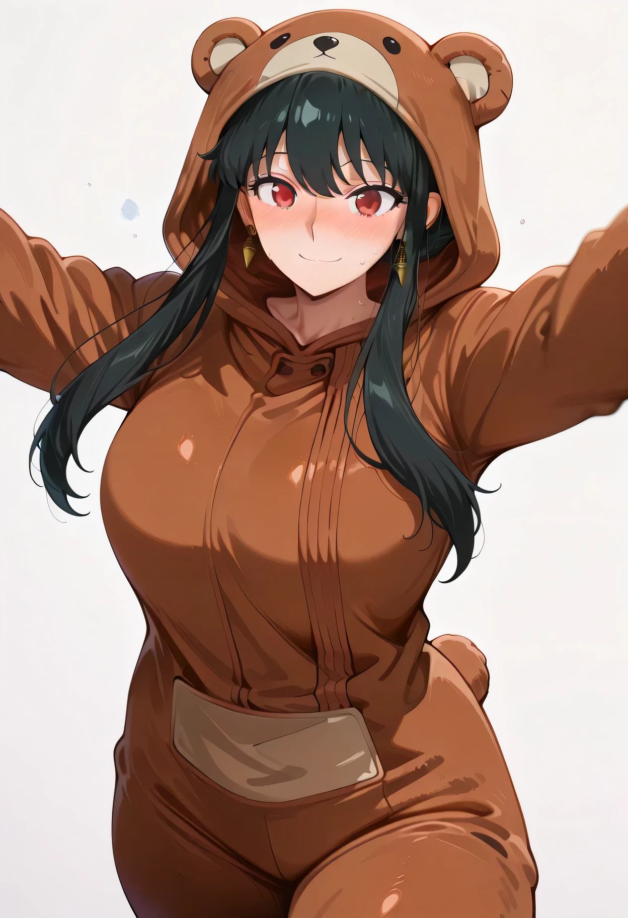 score_9, score_8_up, score_7_up, score_6_up, score_5_up, score_4_up, masterpiece, high quality, yor briar, black hair, red eyes, earrings,, long hair, sidelocks, , shiny skin, shiny hair, shiny body, clear body, , nose blush, sweat, sweaty, sweaty:1.3,, standing, nice legs,, looking at viewer, thick thigh, thick thighs, nice face, solo, opaque clothes, cowboy shot, nice legs, DYNAMIC POse, , solo, , thick thigh, dynamic pose, ,,,, LOOKING AT VIEWER, WHITE BACKGROUND, EMPTY BACKGROUND, soft smile,, DYNAMIC POSE, , bear costume