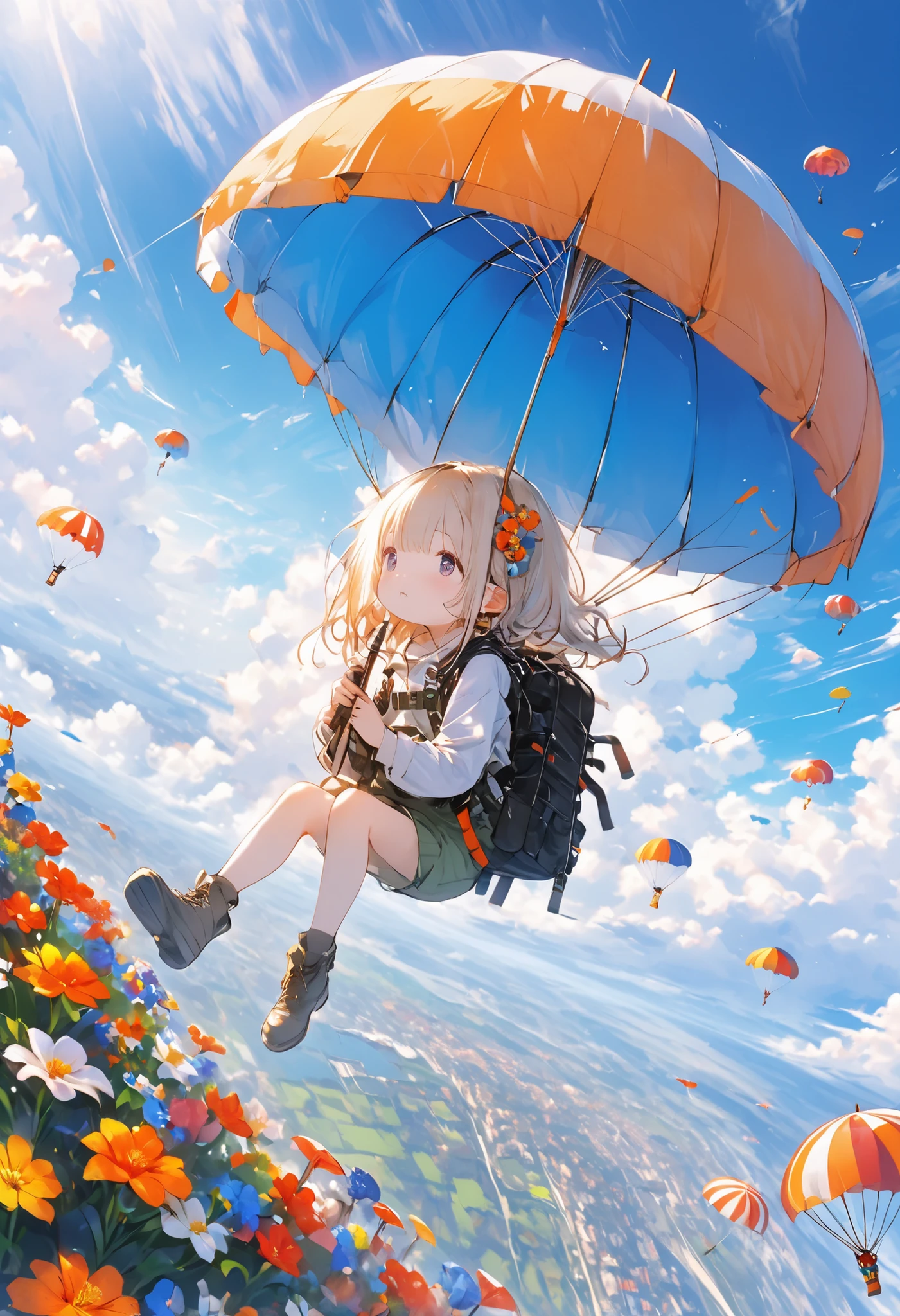 Parachute Day、Countless parachutes in the sky、Strange creatures underneath the parachute、Expansive Skies and Colorful Umbrella Flowers、A moment of suspense between free fall and graceful landing