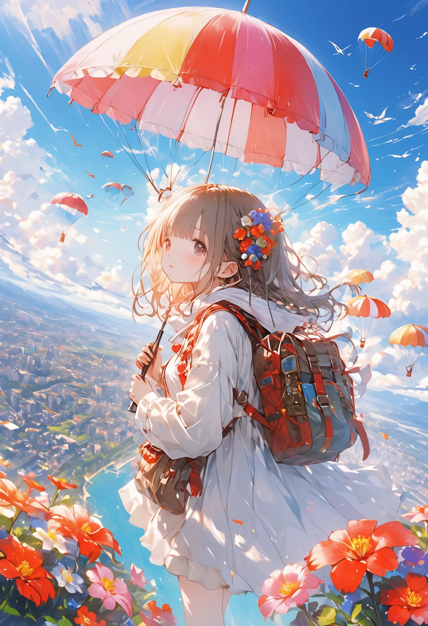 Parachute Day、Countless parachutes in the sky、Strange creatures underneath the parachute、Vast sky and colorful umbrella flowers、A moment of suspense between free fall and graceful landing