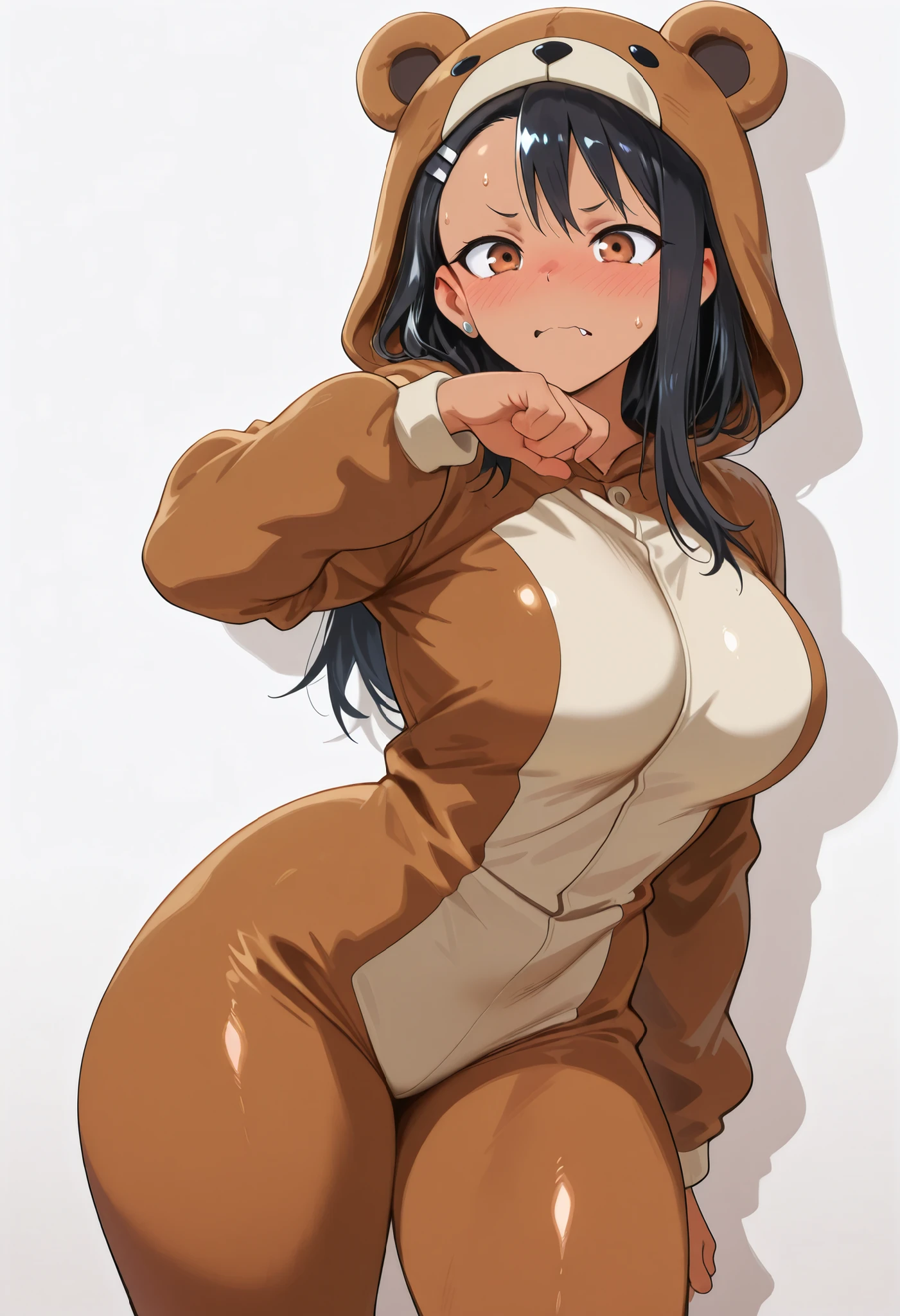 core_9, score_8_up, score_7_up, score_6_up, score_5_up, score_4_up, masterpiece, high quality, BREAK, 1girl, 1girl,, looking at viewer, nose blush, shiny legs, shiny body, shiny hair, clear skin, clear body, solo, thick thigh, thick thighs, solo, female, , looking at viewer, tan lines, , 1girl, hayase nagatoro, long hair, bangs, black hair, hair ornament, brown eyes, hairclip, fang, dark skin, dark-skinned female, tan, ,,,, dynamic pose, POSING, , NOSE BLUSH, COVERED ,, ,, dynamic pose,, opaque clothes, LOOKING AT VIEWER, COWBOY SHOT,,, POSING, ,, sweat, sweaty, sweaty:1.3, nose blush,, looking at viewer, nice legs, legs, standing, solo, female, shiny skin, shiny hair, shiny body, clear body, COWBOY SHOT,. High-resolution anime-style illustration, clean lines, smooth shading, and rich fabric details., opaque clothes, LOOKING AT VİEWER, opaque clothes, POSING,,, POSING, looking at viewer, NOSE BLUSH,  ,, alone, earrings, nose blush, solo, STANDING, POSING,, ,, ,, , , , ,, , , , , ,, , , , , ,, , ,      
         , , PROFESSIONAL LIGHTING, LIGHTED BODY, thick thigs, wide , slim waist, POSING, STANDING UPRIGHT, THICK THIGS, OPAQUE CLOTHES, white background empty background, bear costume
