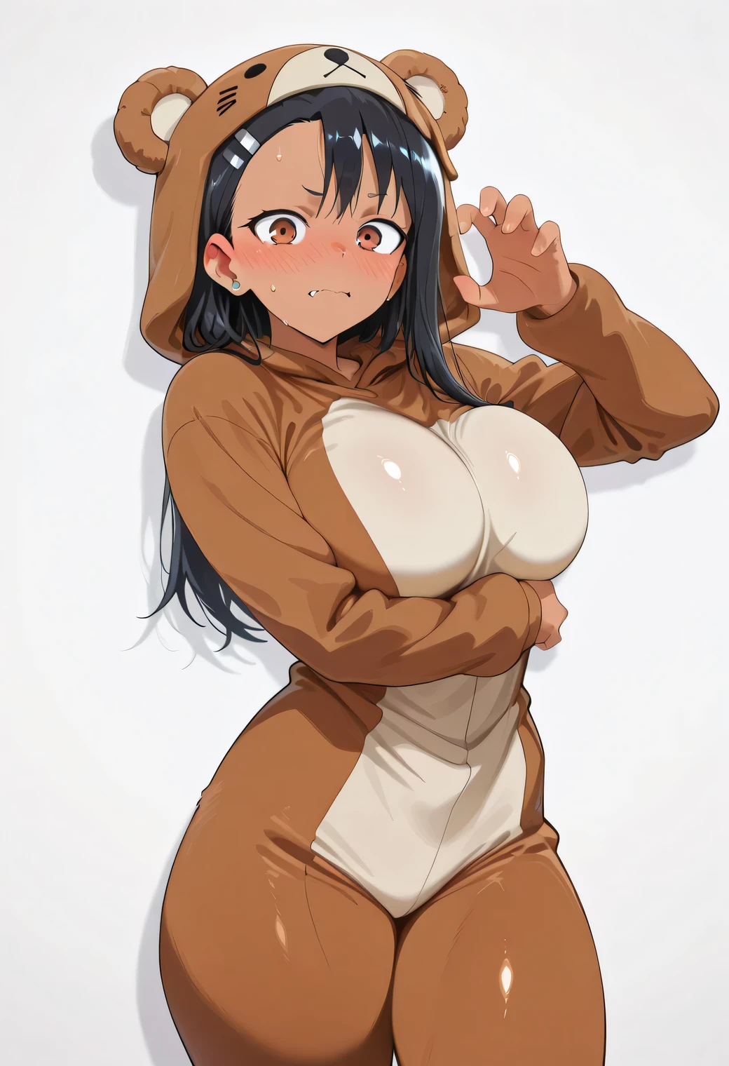 core_9, score_8_up, score_7_up, score_6_up, score_5_up, score_4_up, masterpiece, high quality, BREAK, 1girl, 1girl,, looking at viewer, nose blush, shiny legs, shiny body, shiny hair, clear skin, clear body, solo, thick thigh, thick thighs, solo, female, large breasts, looking at viewer, tan lines, large breasts, 1girl, hayase nagatoro, long hair, bangs, black hair, hair ornament, brown eyes, hairclip, fang, dark skin, dark-skinned female, tan, ,,,, dynamic pose, POSING, LARGE BREASTS, NOSE BLUSH, COVERED BREASTS,, ,, dynamic pose,, opaque clothes, LOOKING AT VIEWER, COWBOY SHOT,,, POSING, large breasts,, sweat, sweaty, sweaty:1.3, nose blush,, looking at viewer, nice legs, legs, standing, solo, female, shiny skin, shiny hair, shiny body, clear body, COWBOY SHOT,. High-resolution anime-style illustration, clean lines, smooth shading, and rich fabric details., opaque clothes, LOOKING AT VİEWER, opaque clothes, POSING,,, POSING, looking at viewer, NOSE BLUSH, LARGE BREASTS ,, alone, earrings, nose blush, solo, STANDING, POSING,, ,, ,, , , , ,, , , , , ,, , , , , ,, , ,
, LARGE BREASTS, PROFESSIONAL LIGHTING, LIGHTED BODY, thick thigs, wide hips, slim waist, POSING, STANDING UPRIGHT, THICK THIGS, OPAQUE CLOTHES, white background empty background, bear costume