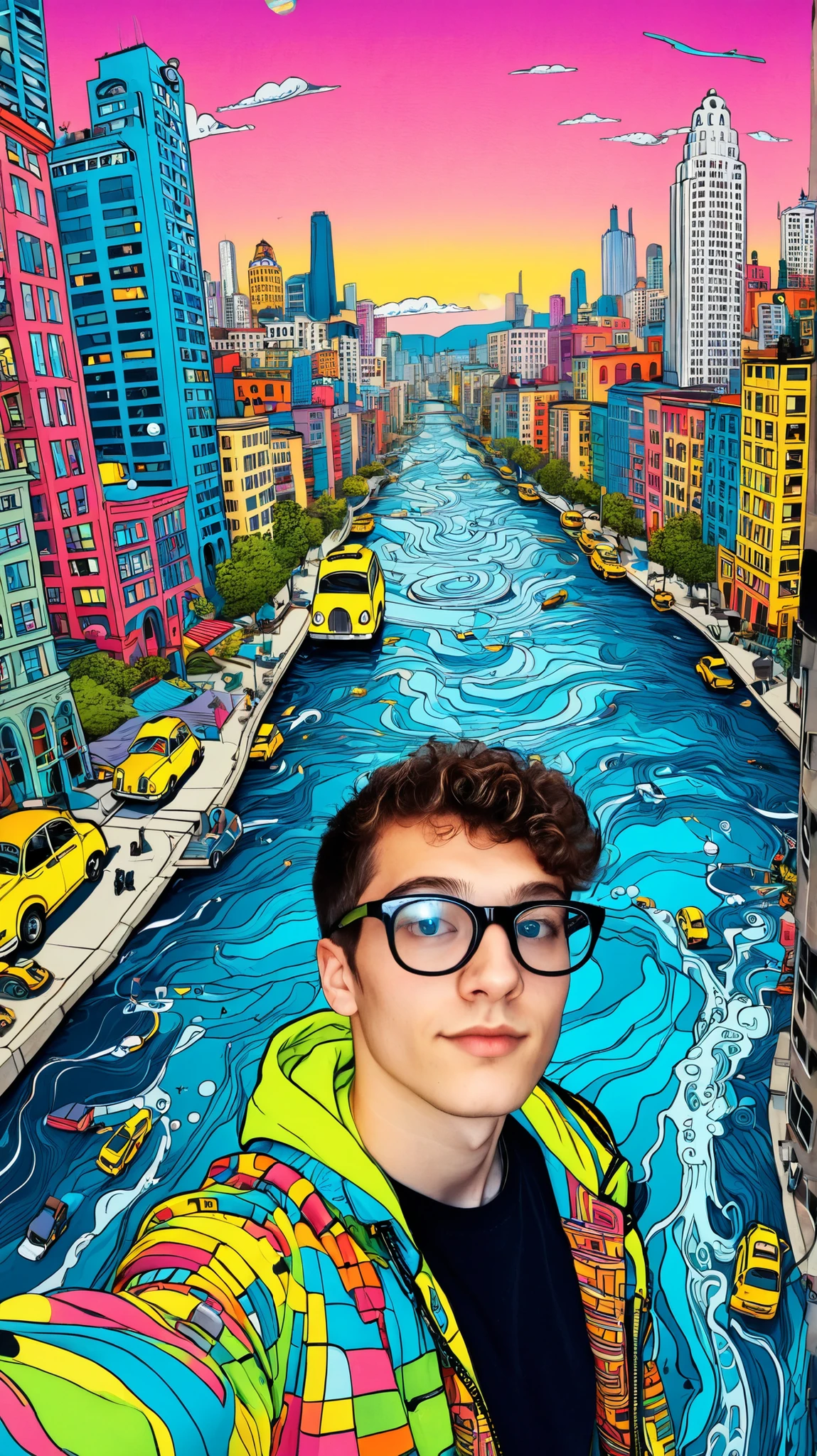 Glasses poster! A young man taking a selfie in a surreal futuristic cartoon cityscape. He wears glasses and a colorful, comic-style printed jacket full of illustrations. The city beneath him is vibrant and hand-drawn, with winding rivers, parks, and colorful buildings. Behind him, massive ocean waves rise dramatically, blending fantasy with urban life. Flying yellow taxis soar between tall skyscrapers under a bright sky. The whole scene has a fisheye-lens perspective, mixing realism and fantasy art, in a vibrant pop-art, neo-futuristic comic book style. use reference face.
Style keywords:
🎨 Pop art, futuristic city, comic book illustration, vibrant neon tones, surreal realism, dynamic perspective, hand-drawn texture, imaginative world. Use the reference image with 100% face match.