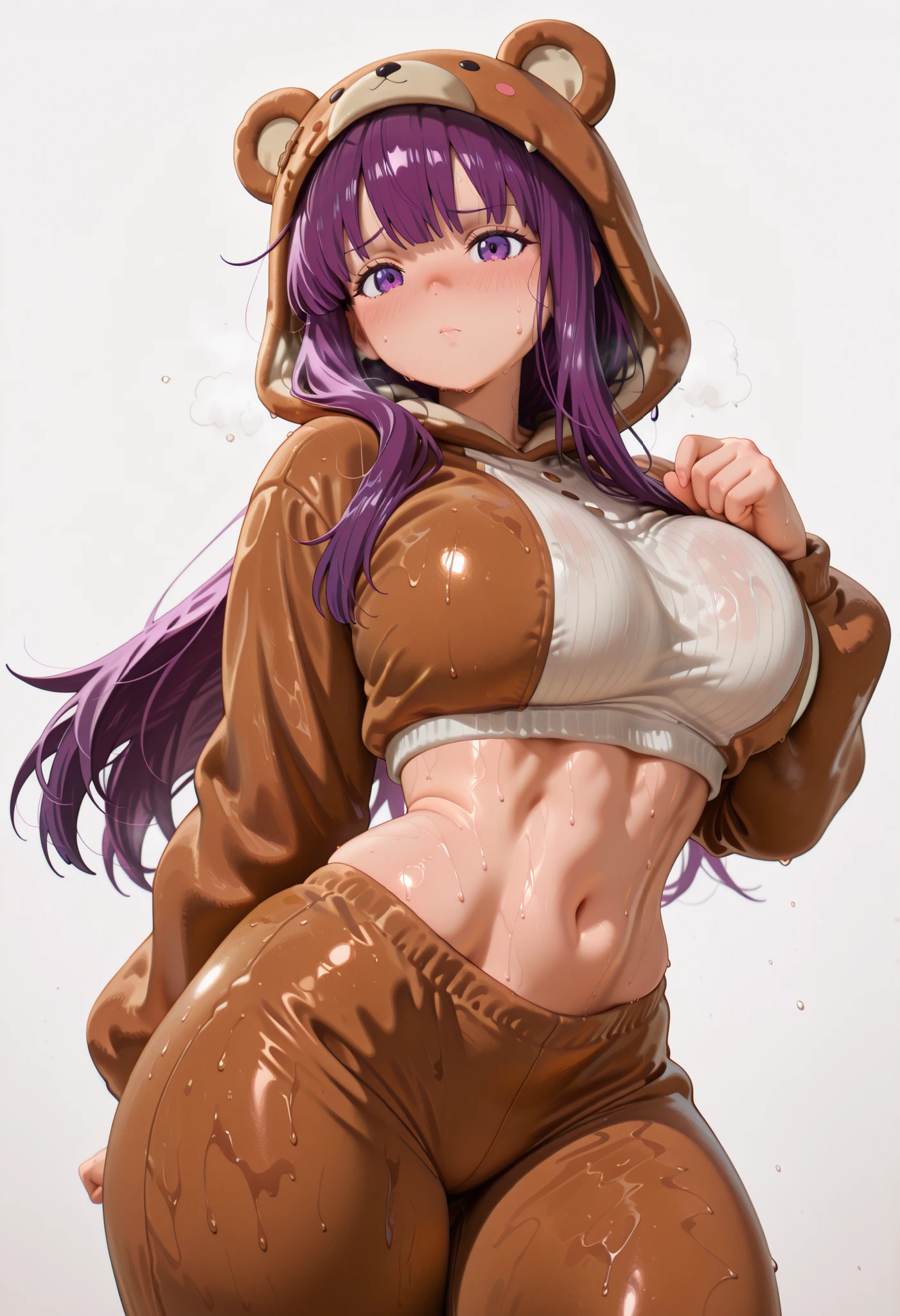 masterpiece, ,amazing thighs、long hair, purple hair、、fern、,,, posing, large breasts,best quality,
,, alone,, nose blush,, POSING , BIG , THICK THIGS; WIDE , slim waist, POSING
,, DYNAMIC POSE
,,, shiny skin, shiny hair, shiny body, clear body,, looking at viewer, body, ,,, nose blush,, looking at viewer, nice legs, legs,, solo, female, shiny skin, shiny hair, shiny body, clear body,,, digital illustration, cowboy shot ,,,, ,,, , ,,, , , looking at viewer, NOSE BLUSH,,, shiny skin, shiny hair, shiny body, clear body, , solo,, POSING, thick thighs, thighs, solo,, POSING, DYNAMIC POSE,, opaque clothes, , looking at viewer, nose blush, shiny legs, shiny body, shiny hair, clear skin, clear body, sweat, sweaty, sweaty:1.3, solo, thick thigh, thick thighs, solo, female, ,, looking at viewer, , STANDING, POSING, COWBOY SHOT, NICE LEGS, opaque clothes,, ,, solo, , thick thigh, dynamic pose, navel ,midriff, ,,,,, Looking At Viewer, tilting head,,, dynamic, dynamic composition,, white background, empty background, bear costume