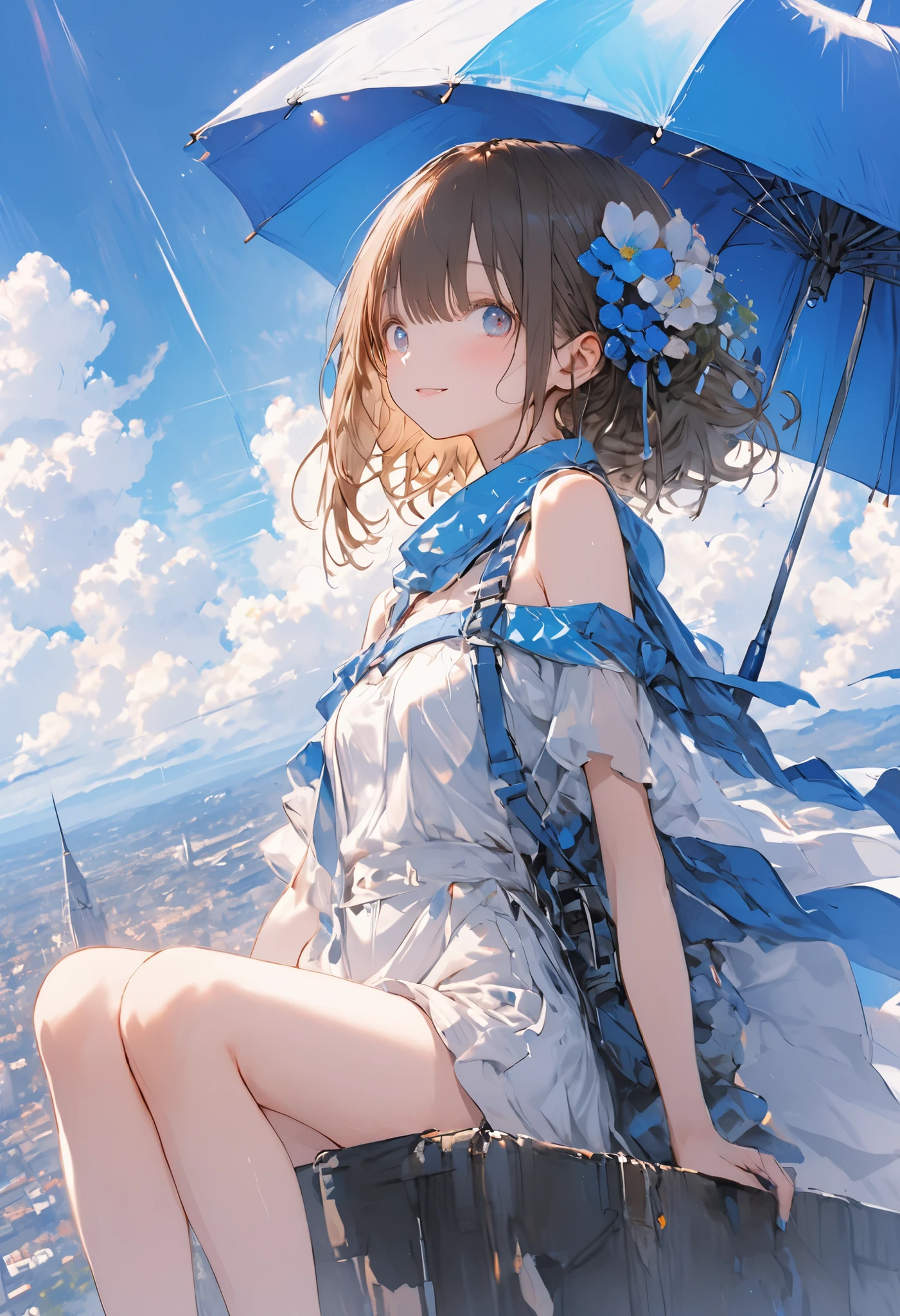 Parachute Day、Expansive Skies and Colorful Umbrella Flowers、A moment of suspense between free fall and graceful landing、brown hair,shortcuts,unkempt hair,Short braided hair,Neat,slender beauty,correct attitude,small breasted,beautiful legs,The enchanting gray-blue eyes are shining like stars,Saggy Eyes,bright color,beautiful eyes,A delicate smile,Textured Skin,best quality,gentle and beautiful woman,anime style、