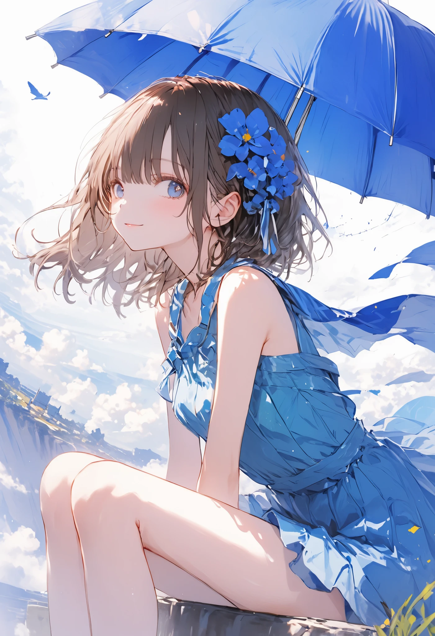 Parachute Day、Expansive Skies and Colorful Umbrella Flowers、A moment of suspense between free fall and graceful landing、brown hair,shortcuts,unkempt hair,Short braided hair,Neat,slender beauty,correct attitude,small breasted,beautiful legs,The enchanting gray-blue eyes are shining like stars,Saggy Eyes,bright color,beautiful eyes,A delicate smile,Textured Skin,best quality,gentle and beautiful woman,anime style、