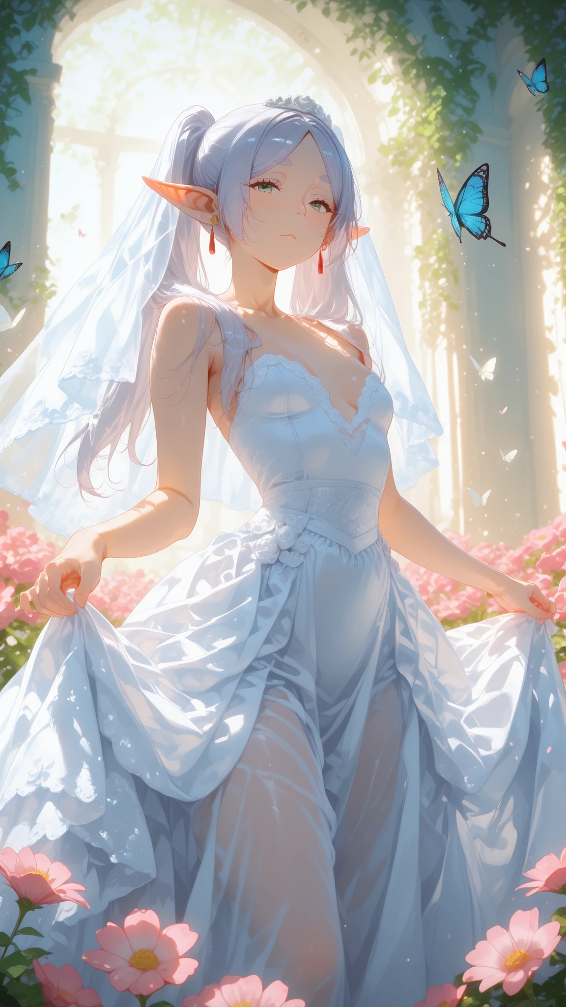 New Purple Crystal Wedding Dresses、Filled with layered tulle, European style white patterned marble background wall, Fairytale palace style, and oversized skirts. The neckline and cuffs are decorated with openwork lace elements and jewelry, And the skirt is covered with luxurious flowers and butterflies. imagination, 超realistic, hard disk, Super detailed, realistic, high pixel, Octane Regeneration, cinematic lighting