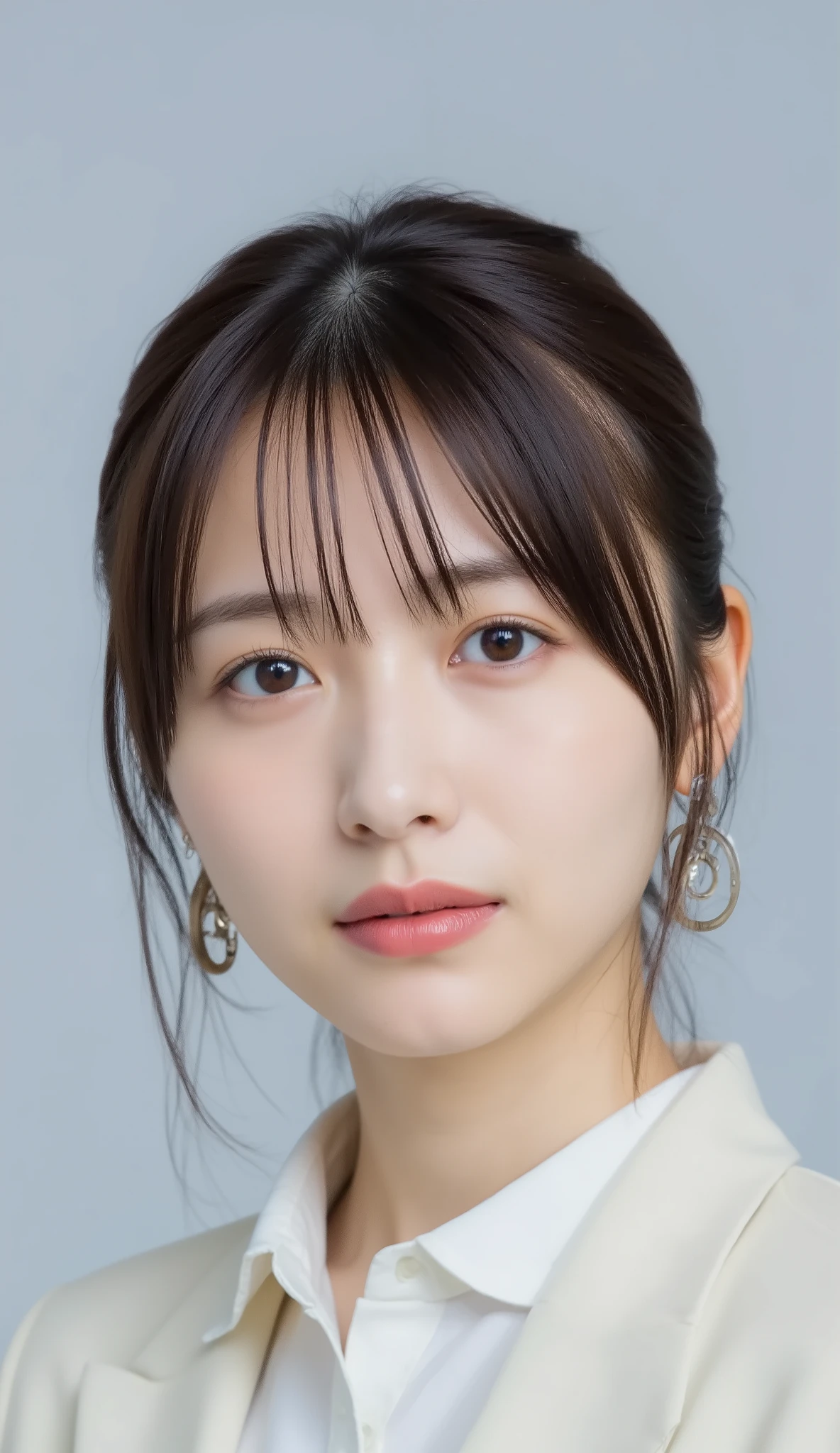 Passport photo of a neat and young woman、、and look at the camera、office lady suit、jacket、shirt、necklace、、ear piercing、has bangs and is making a small scream、Smile Yan、、face close-up、grey background

