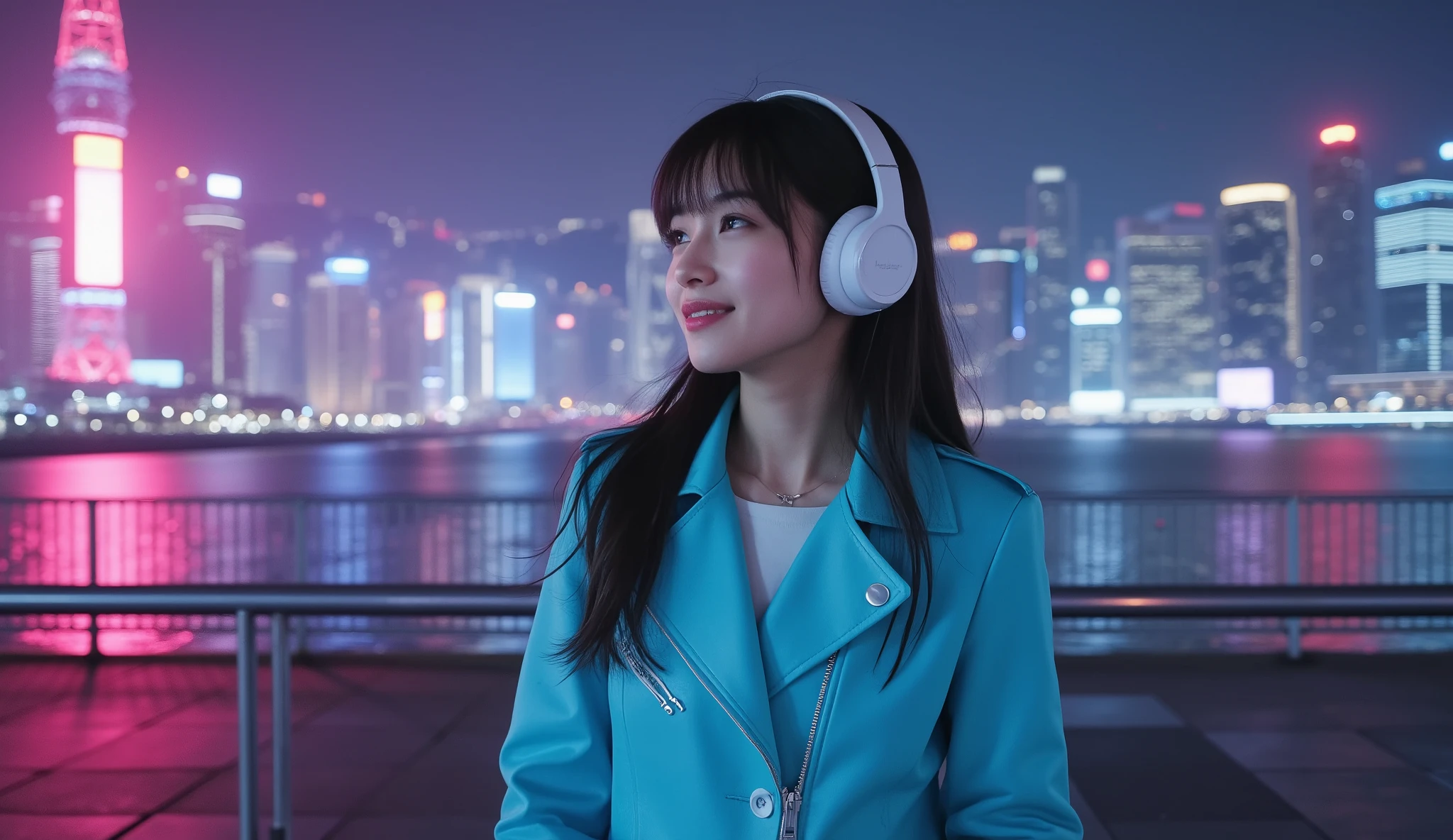 A Japanese woman wearing a vivid Tiffany-blue leather coat and white wireless headphones on her ears, standing slightly to the left of the frame. She gently smiles while looking upward, surrounded by bright neon pink and blue lights reflecting off the wet city streets at night. Behind her is a large river with a metallic fence along the riverside, and in the distance, a vibrant futuristic city skyline filled with many tall glowing buildings. The background should be cinematic, full of vivid neon reflections and bokeh effects that emphasize a cyberpunk atmosphere. The lighting should be colorful and dramatic, creating a strong contrast between the cool blue and warm pink tones. The composition uses shallow depth of field and a photorealistic texture to highlight her soft expression and long flowing hair, in a vivid, futuristic urban environment.