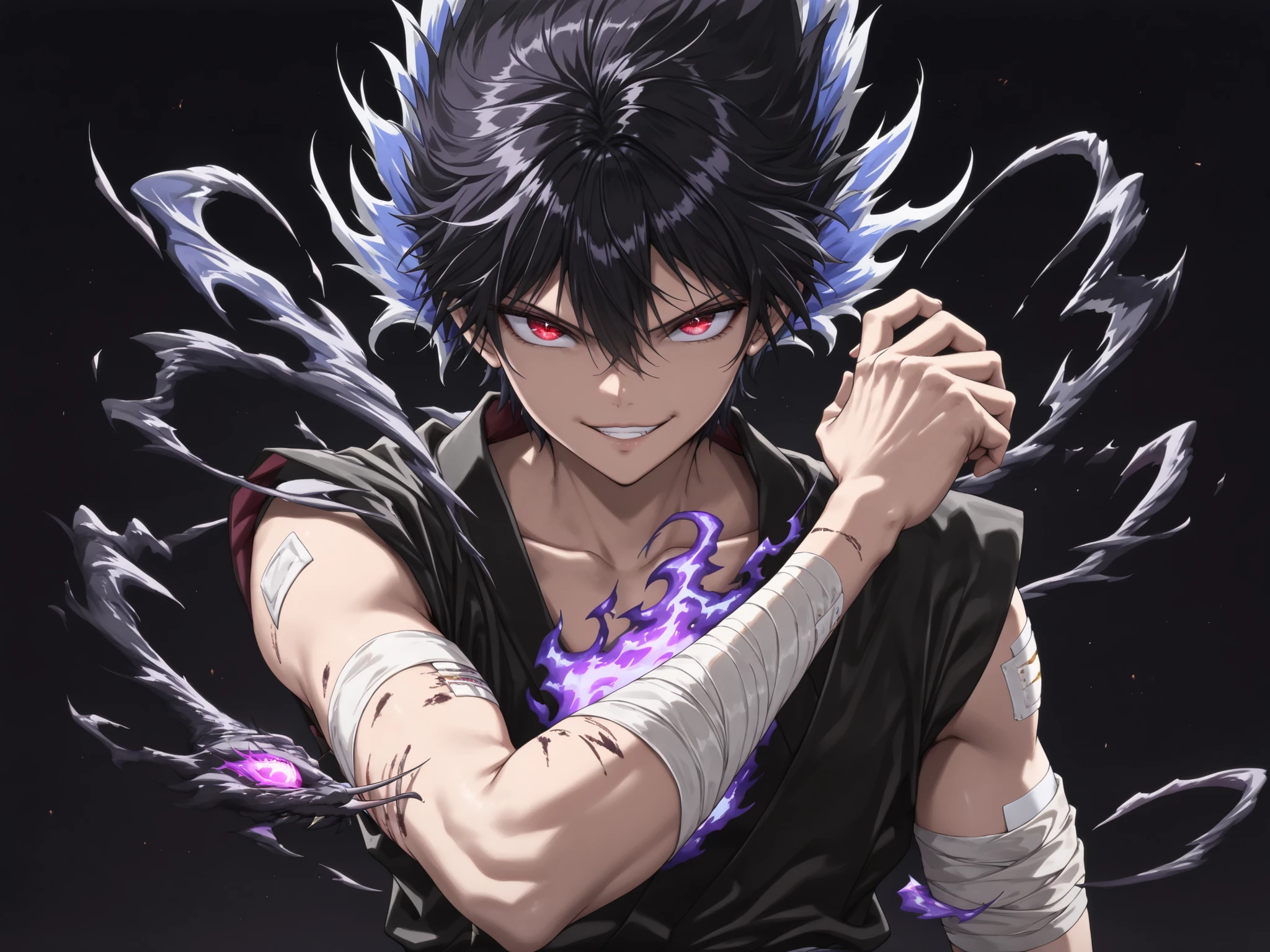 (Masterpiece:1.3, 8K:1.3, Highest Quality:1.3, detail:1.3, highres:1.3, high resolution:1.3, ultra detailed:1.3)
from front, upper body,
1boy, solo,
Hiei_ep, black hair, red eyes,
((Bandage on arm))
Burning bandages,
dark purple flame,
evil grin, smug,
glaring at viewer,
palted lips,
standing,
raise one arm, one arm up,
dark background ,
dark purple Flame Dragon,
Strong, swirling winds