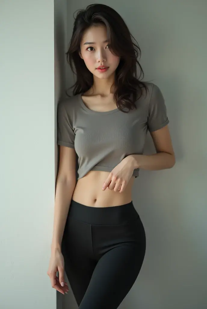 Beautiful girl, , very slim, sculpted waist, prominent and slightly small , photographing in front of a woman, a completely messy room, a small skirt covering her thighs.