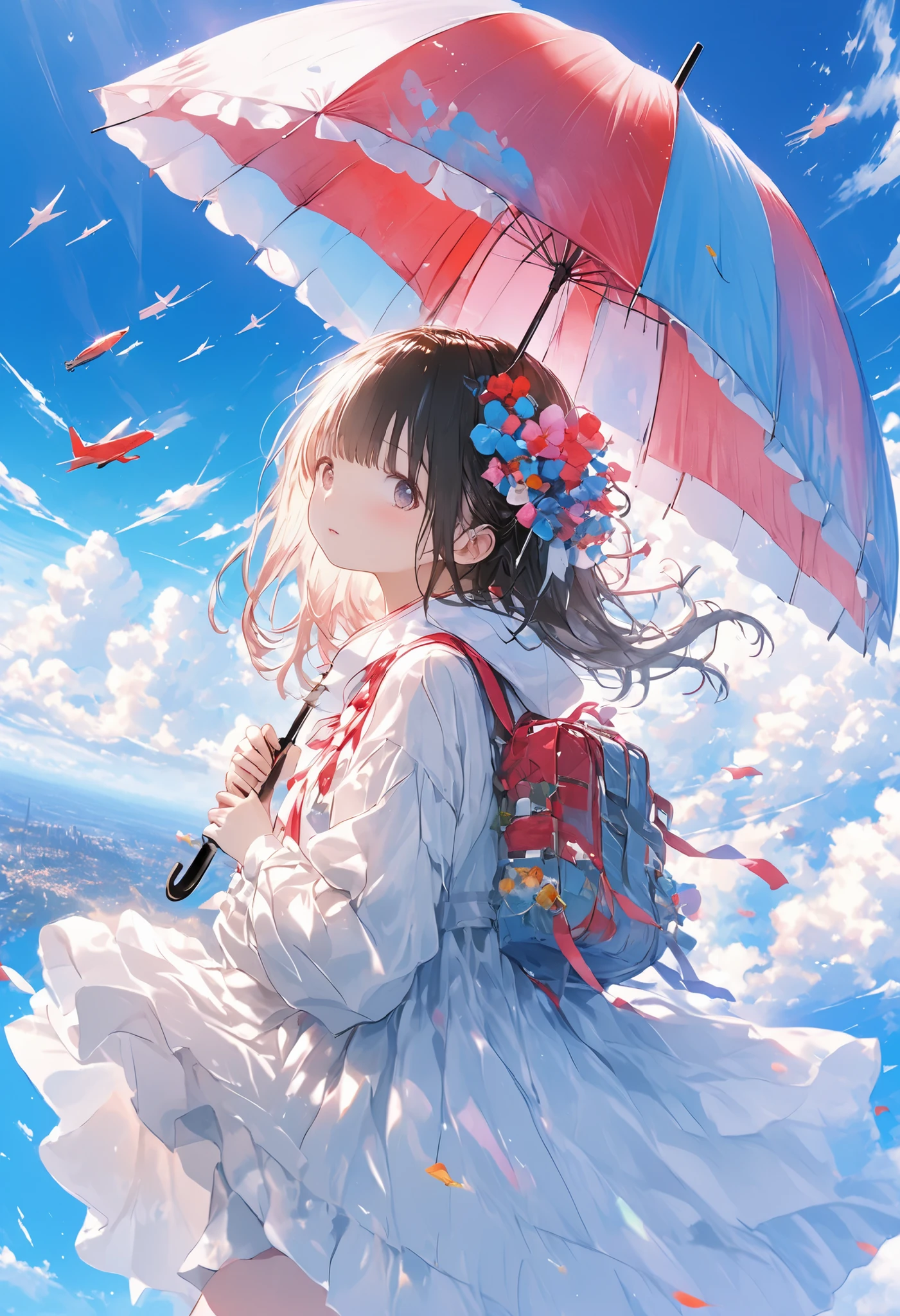 Parachute Day、Vast sky and colorful umbrella flowers、free fall と優雅な着陸の間のサスペンスの瞬間、umbrella that also flies around、free fall 、Fly through the sky using a