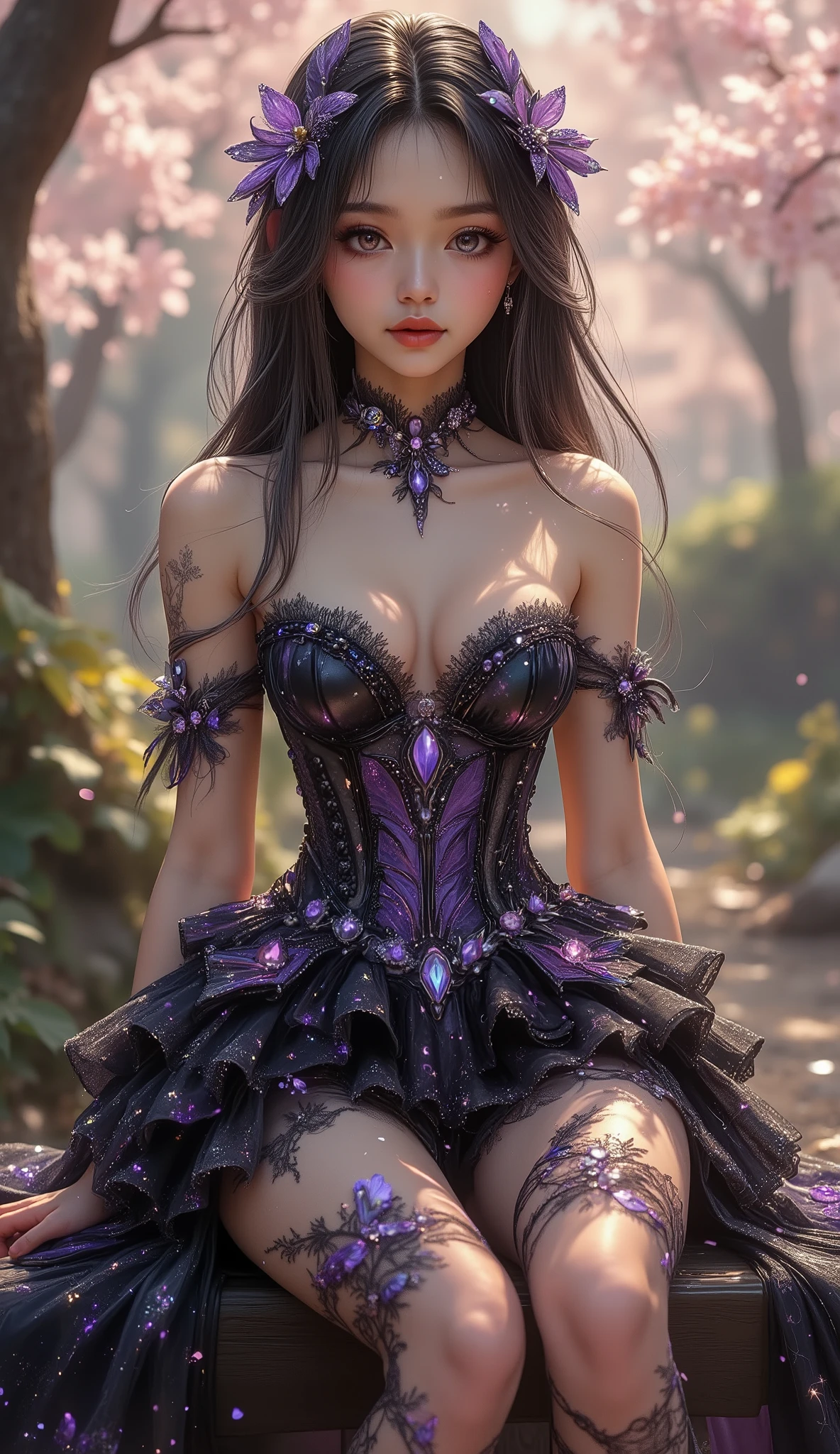 4K, hyper-detail, hyper-texture of clothing, a 17-year-old young Asian girl with a cute face with a sweet appearance and white skin, a tall body, a slim and small belly, a wide waist, a shiny body, a shiny costume, long and sexy muscular legs, and giant breasts. wearing a strapless spiral V-cut dress with a deep cleavage with a galaxy pattern that reveals her navel, shaped by very tight black diamonds with intricate details, a ruffle micro mini skirt and black nylon stockings with sexy high blue lace with a galaxy pattern, the stockings reach her crotch, she also wears high-heeled stilettos and a high top with straps, purple high heels emit shining light from her feet, reminiscent of a fantasy style. This piece features intricate details, including sparkling blue gemstones and feather-like textures and flashes of blue light that adorn her tight dress. the shiny color of the dress adds to the fantasy feel, while her long black hair flows in waves over her shoulders. sitting in wodden bridge studio shoot with a golden light and falling cherry blossoms in the background, purple gemstone and plant decorations a full body masterpiece, with backlight and shadow under her feet