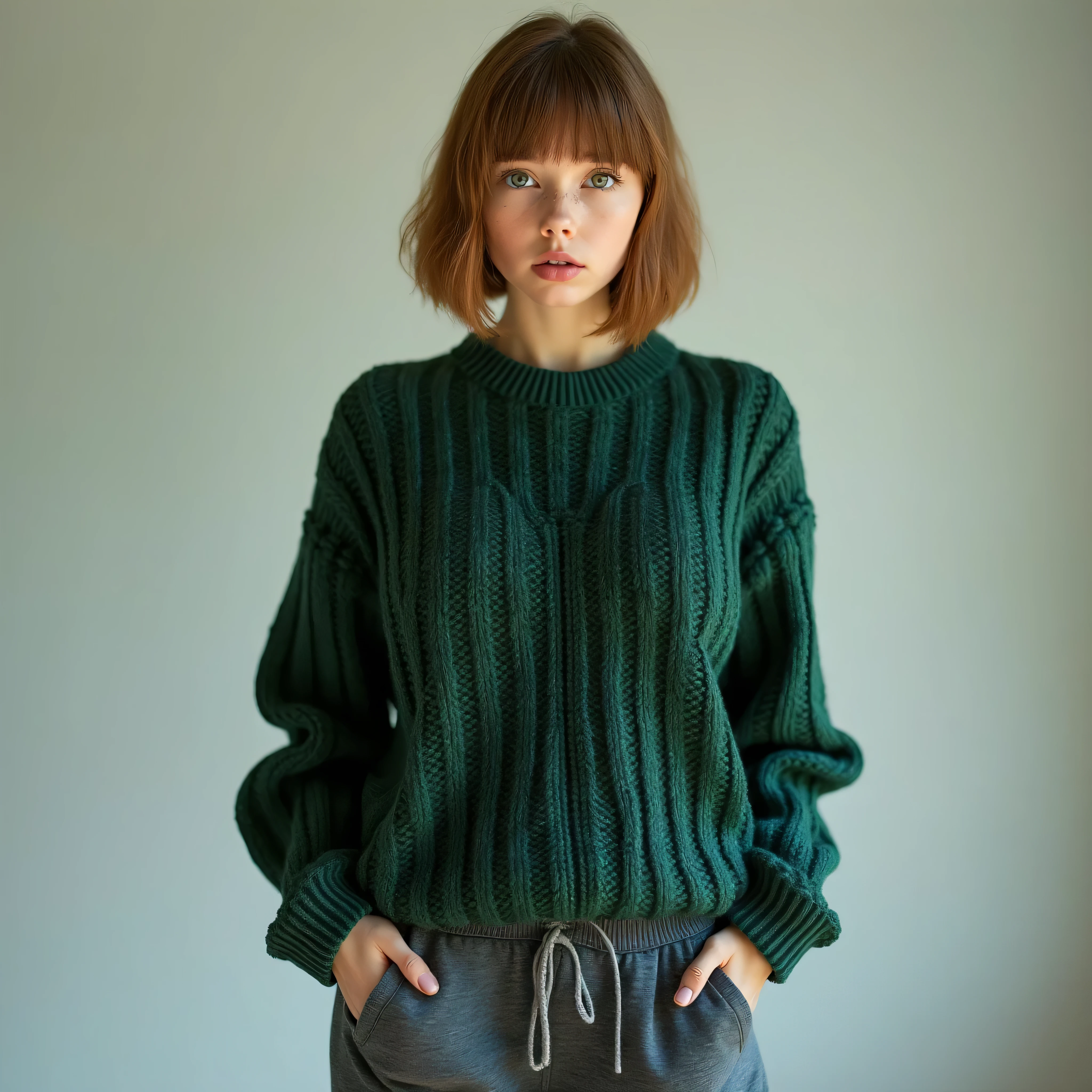 A realistic, high resolution photograph of a short, beautiful European woman in her 20's; full body frontal view facing the camera with her arms at her side, looking at the camera. There is extra space in the photo above her head. She has a short, luscious, fashion model figure with large rounded, uplifted breasts, large hips, and an medium waist. She has very short, straight caramel brown hair in a pageboy bob with straight bangs. She has a perfect, beautiful face, thin lips, a small nose, a short, bull neck, and ears that lay close to her skull. She has green eyes and an ivory complexion. Her lips are slightly and she has a troubled expression. She is wearing a forest green thick knit Aran stitched pullover sweater and a pair of dark grey jogging pants. The rounds of her breasts are well defined beneath her clothing and you can see a bit of cleavage. There is no one else in the photo. There is extra space above the subject’s head and centered composition — suitable for magazine-style layout or cinematic framing.