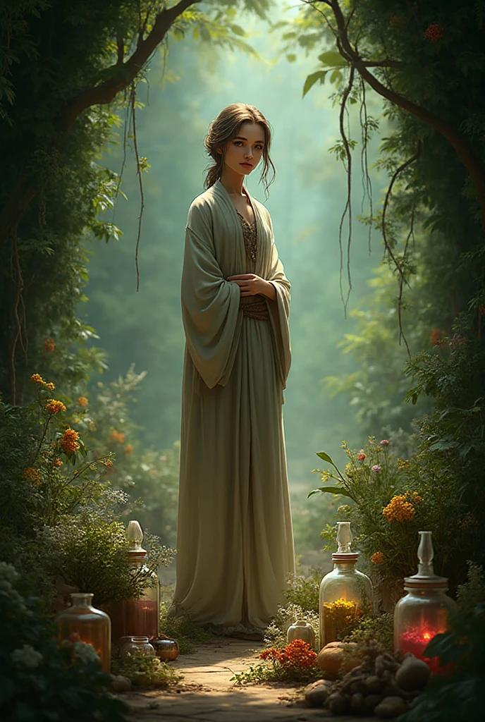 A Star Wars’s Jedi Grandmaster(Kate Mara, robes open down the middle, ????????????) in the style of Mark Demsteader, lush flower forest
