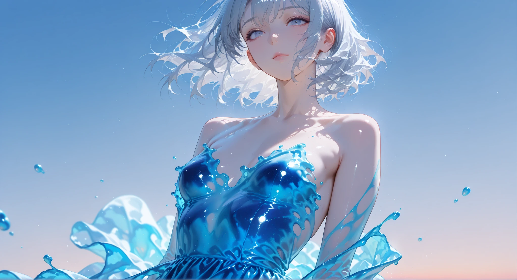 (masterpiece, Highest Quality:1.2), 8k, 85mm, Original photo, absurd, White and light blue theme, ((liquid clothes, half liquid dress, draped cloth)), gray hair, gradient dress, Delicate Girl, close-up face, shiny skin, 18 year old woman, See viewers, HDR, sharp focus, colorful、 particle, Twilight Sky, Detailed Eyes and Faces, gray hair, simple background,naked,small breasts,naked体の下半身,の胸,