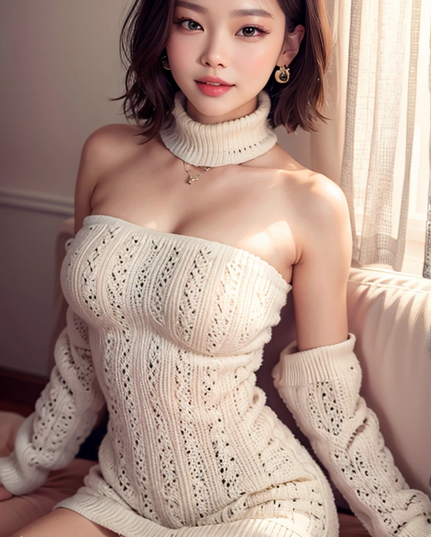 best quality,Super detailed,masterpiece,Employment,8K,Extremely detailed CG unifies 8K, 8K, diamond, and wallpaper，lifelike, Surreal, The original, Intricate details，Detailed face，Exquisite eyes, Skin smooth and soft, Delicate face, Big shining eyes，1 beautiful girl, 18 years old， Super beautiful face details, Smiling shyly, Majestic breasts，Short brown hair girl lying on sofa，Covered with a blanket，Wearing a sweater，Clear eyes，（Looking down at the audience：0.8），Loose sleeves，Open your mouth，By Bangs，White sleeves，White gloves，Blue Hair，1 Girl，Glowing skin，（masterpiece;1.0), (Reality:1.4), (Soft Focus:1.2)