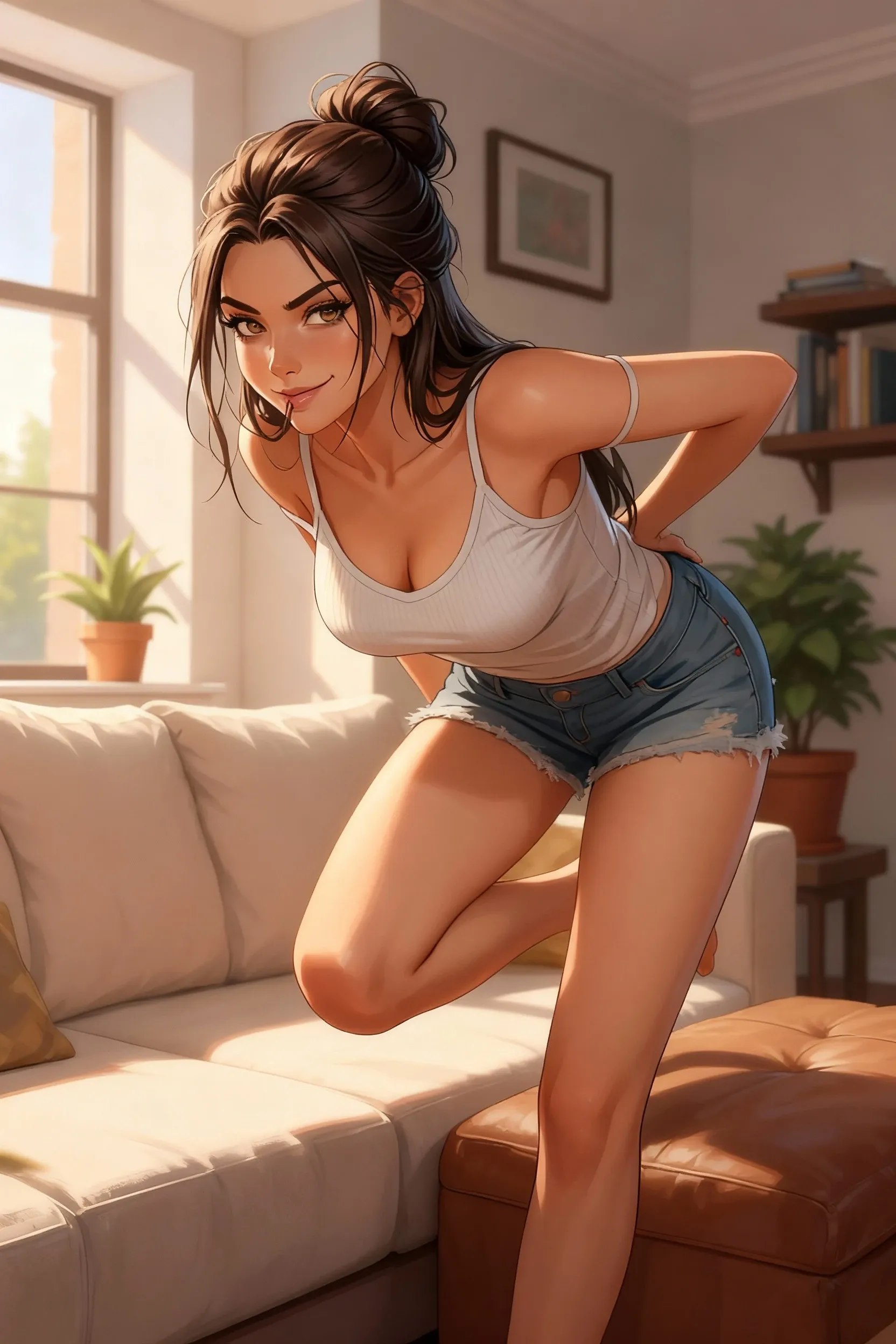 (ultra realistic,32k,Foto CRU:1.1),(pele altamente detalhada:1.1), 8k hd, DSLR, alta qualidade, film grain, (inventar, mascara:1.1), lips,(espesso\lips\), 
1 garota,cabelo castanho, cabelo longo, rabo de cavalo (olhos verdes:0.9), regata rosa, Shorts jeans, peito grande, (tronco:1.2),
 (peituda:1.1) ,  (gordinho:0.1),(volumetric lighting:1.2), fundo em branco tema escuro