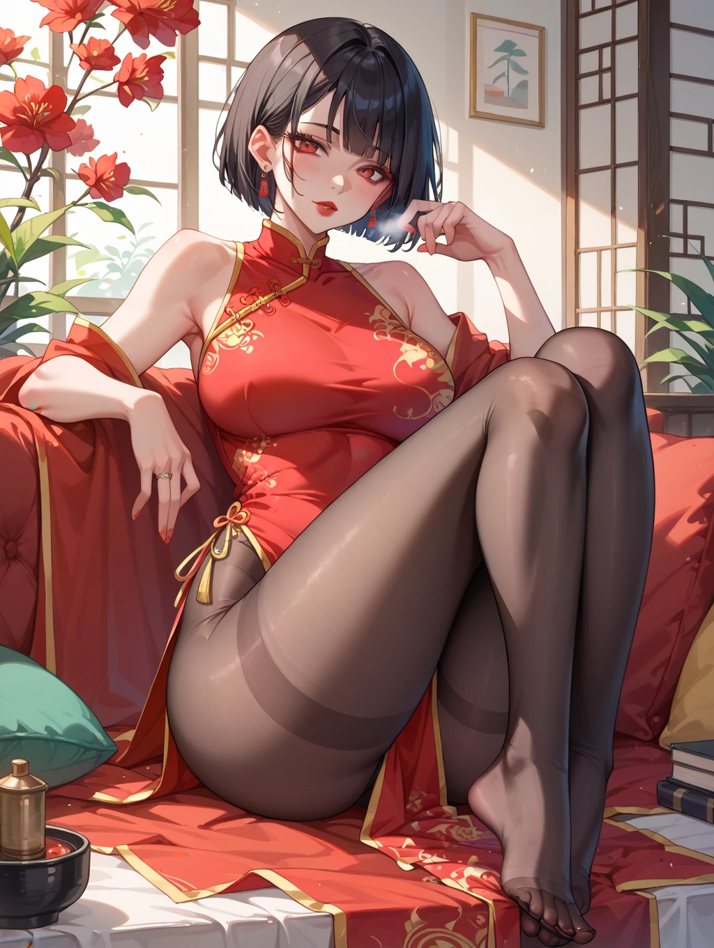 A cartoon illustration of a woman in a black dress sitting on a sofa, anya from spy x, Full body fairy, Attractive anime girl, From Girl Front, Inspired by Yao Tingmei, Posing elegantly in front of you, Inspired by Zhou Fang, cheongsam, Beautiful and charming anime woman, Inspired by Minjin, Anime girl in black dress，Real，