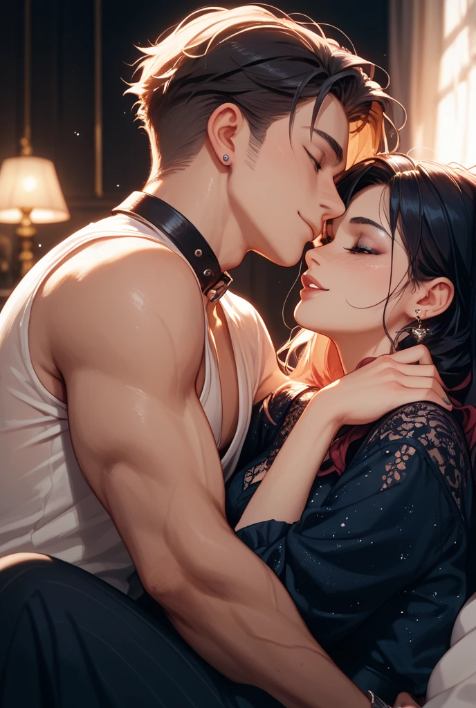 Shirtless boy kissing and making out with a  women wearing an off shoulder dress on the bed during night time as the moonlight accentuates their love making