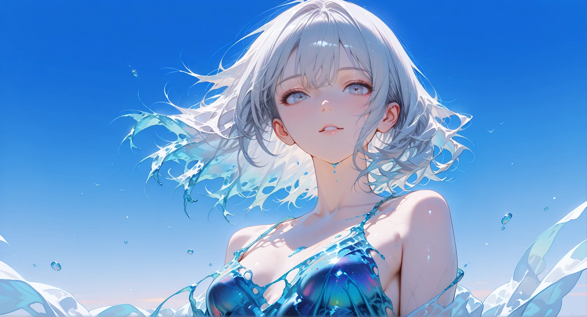 (masterpiece, Highest Quality:1.2), 8k, 85mm, Original photo, absurd, White and light blue theme, ((liquid clothes, half liquid dress, draped cloth)), gray hair, gradient dress, Delicate Girl, close-up face, shiny skin, 18 year old woman, See viewers, HDR, sharp focus, colorful、 particle, Twilight Sky, Detailed Eyes and Faces, gray hair, simple background,naked,small breasts,naked体の下半身,の胸,