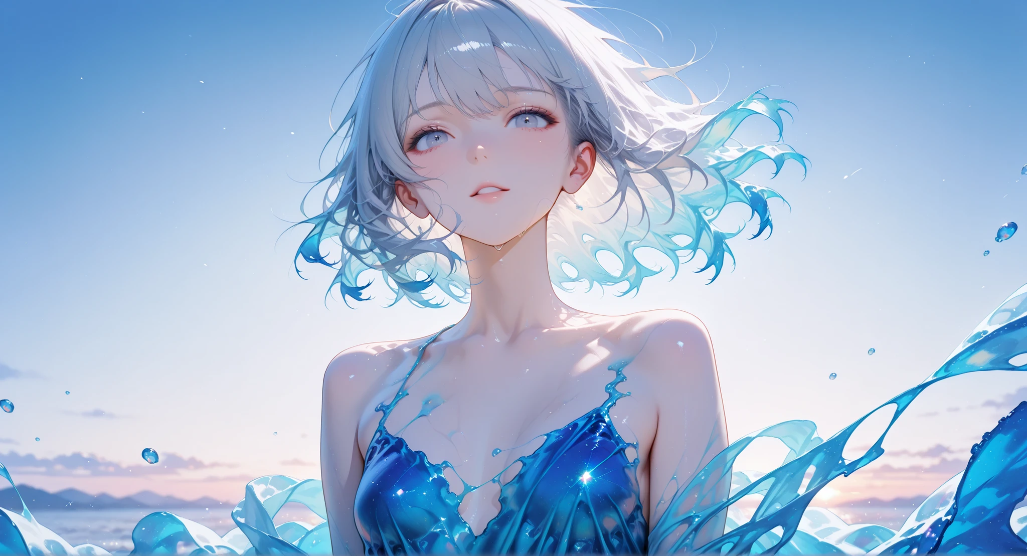 (masterpiece, Highest Quality:1.2), 8k, 85mm, Original photo, absurd, White and light blue theme, ((liquid clothes, half liquid dress, draped cloth)), gray hair, gradient dress, Delicate Girl, close-up face, shiny skin, 18 year old woman, See viewers, HDR, sharp focus, colorful、 particle, Twilight Sky, Detailed Eyes and Faces, gray hair, simple background,naked,small breasts,naked体の下半身,の胸,