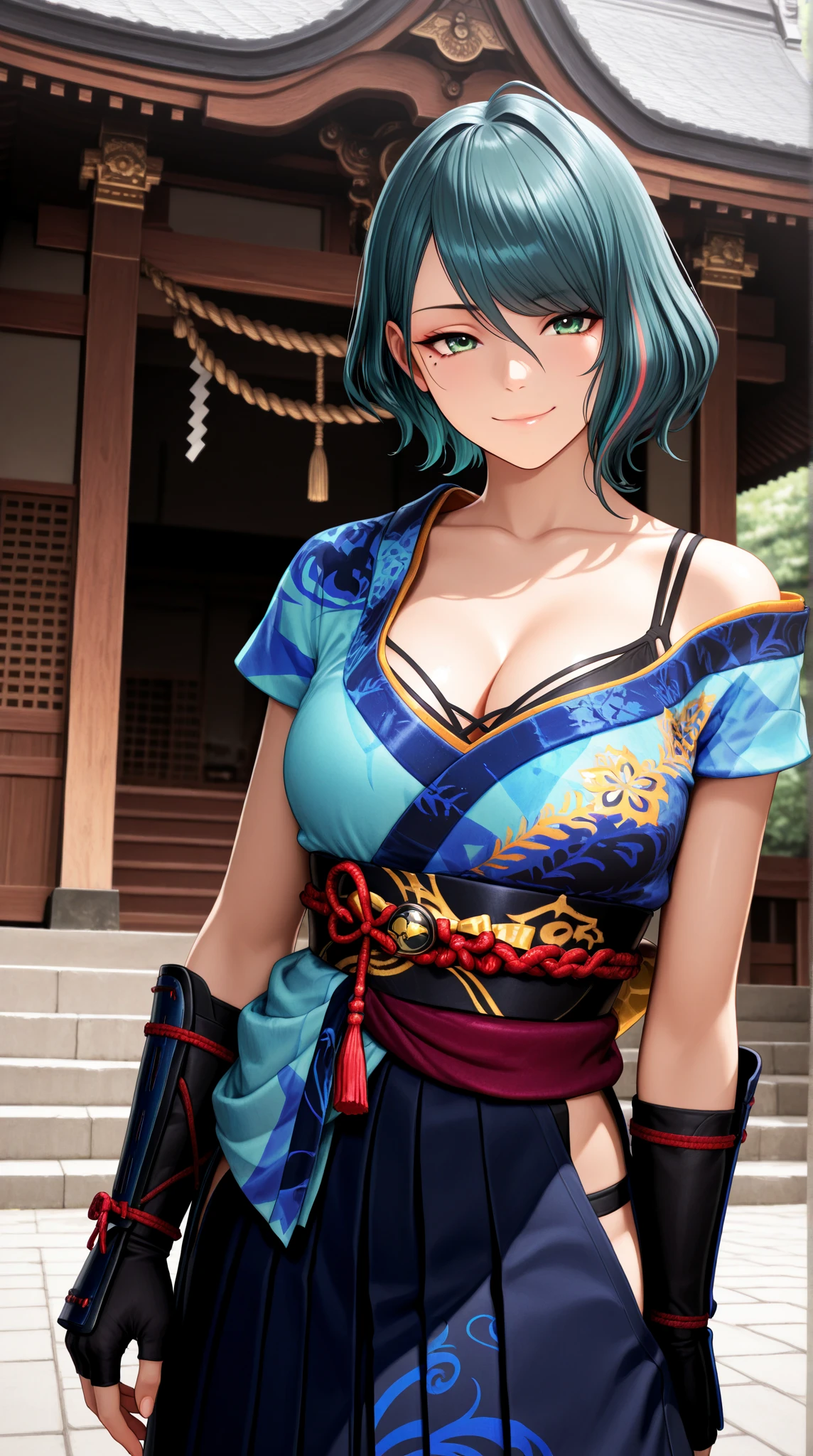 masterpiece, best quality, 1girl,  <lora:doatamaki-nvwls-v1-000009:1> doatamaki, streaked hair, blue kimono, sash, off-shoulder, hakama skirt, japanese clothes, , cleavage, seiza, indoors, looking at viewer, smile, japanese architecture