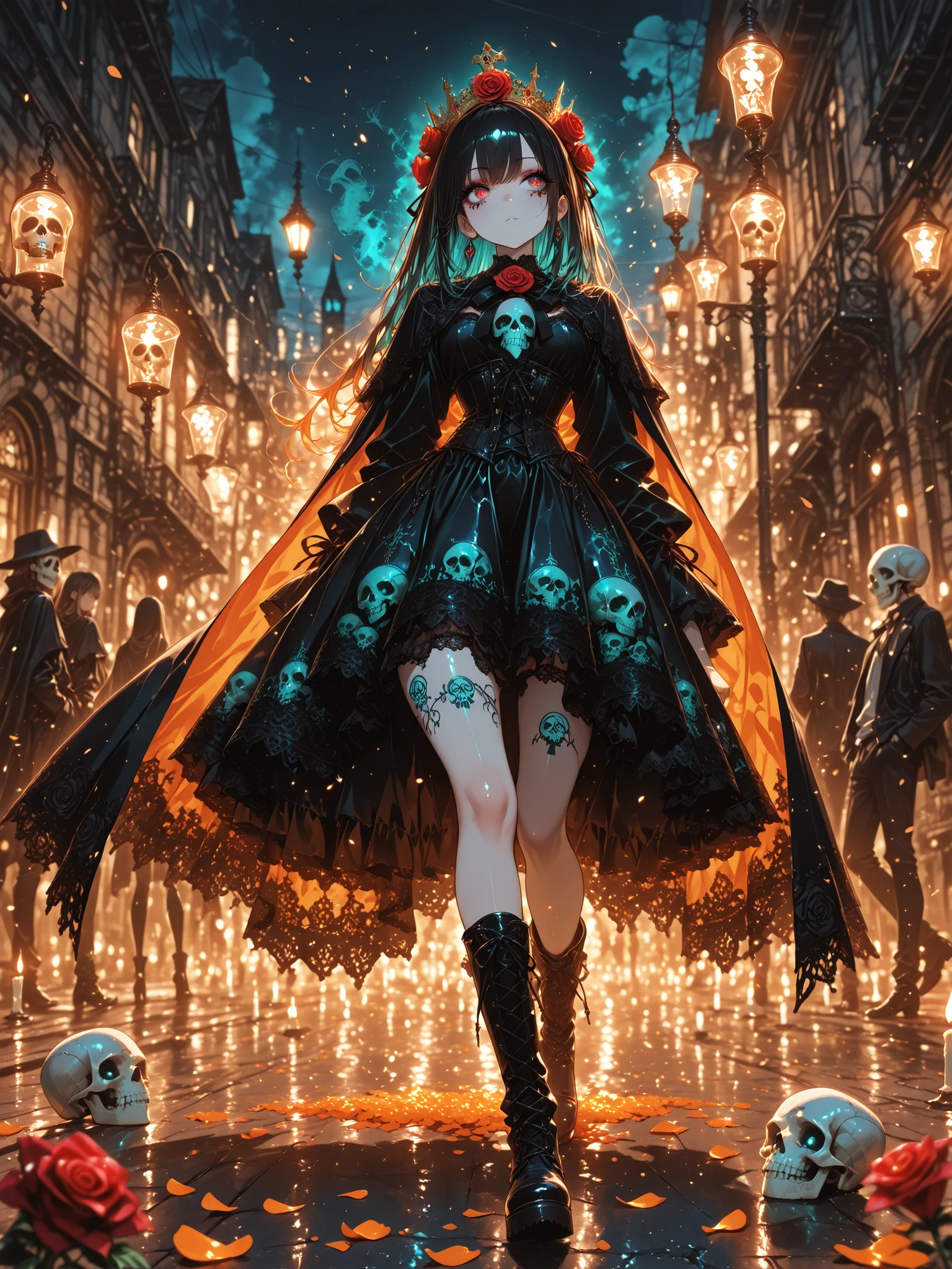 (masterpiece:1.5), (best quality), (amazing quality), (ultra-detailed:1.3), (detailed background), (intricate details), (intricate), (absurdres), (extremely aesthetic), (newest:1.2), (semi-realistic:1.3), (dynamic lighting), (HDR tone),
beautiful gothic girl, (sugar skull makeup:1.4), (black lace corset dress:1.3), long wavy teal-black hair, (red rose crown with skull:1.3), holding orange marigold flower, thigh tattoo, wearing long black cape, (lace texture:1.2), (high boots:1.2), confident and elegant expression, looking forward, (fine face details:1.2), (detailed beautiful eyes and iris:1.2), (eyelashes detail:1.2),
Caucasian, (shiny outline, depth of field, blurry street parade background:1.3), Día de los Muertos theme, candles and firelight glowing in the night, (orange petals on ground:1.3), large crowd wearing skeleton costumes, soft embers floating in air, (dynamic depth of field), glowing atmosphere, (spark particles:1.2), dramatic pose, cinematic night tone,
set in ancient city street, gothic Mexican architecture blurred in background, glowing lights, fire torches, smoke haze, warm orange and dark teal palette, magical celebration of the dead, romantic and mysterious tone,
(cinematic lighting:1.3), warm firelight and cool night contrast, backlit smoke, soft glow on skin, high contrast highlights, volumetric haze, moody illumination,