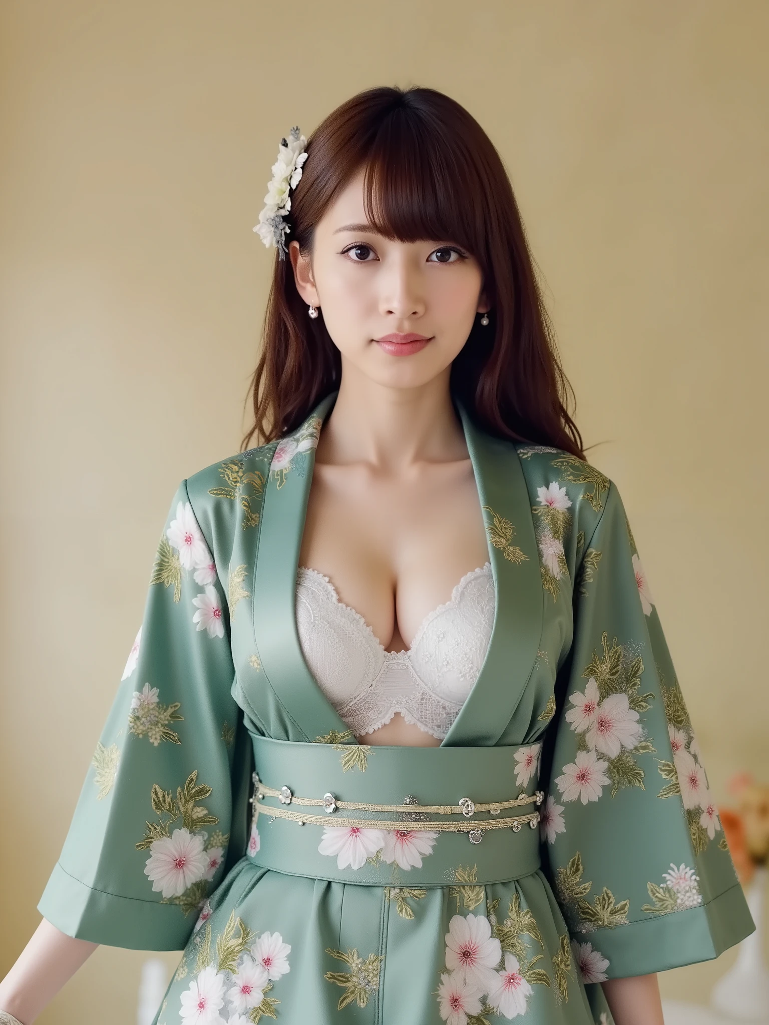 big breasts，big cleavage，Slim Body，Green Cherry Print Kimono，Kimono chest part fully open，No underwear，Gold Maple Leaf Embroidery Exquisite，Ebony Long Hair Hairstyle，Fine Hair Accessory，Dangle Pearl Earrings，Gentle Sweet Smile，Autumn Leaves Maple、Gold Ginkgo，Autumn Warm Sun Rain，Traditional Japanese Scenery，Shrine Garden，(breasts :2.8)，(cleavage :2.8)