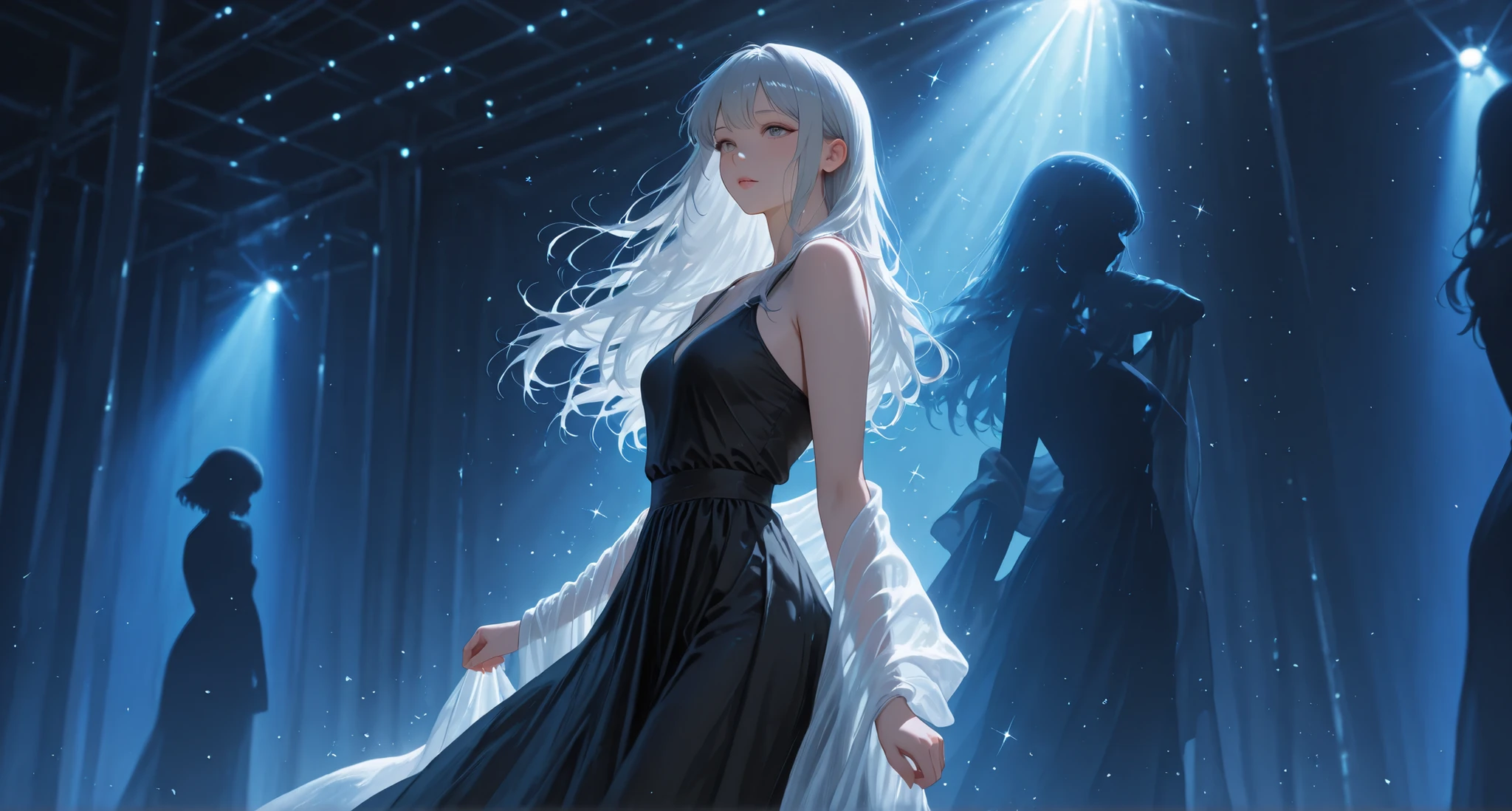 RAWPicture, Picture, realistic, 8K vivid Picture of a woman in party hall, she is most beautiful diva, 超details, details, Dramatic Lights, detailsな肌, character boundary depth, Sparkling、sparkle、Shadows 、grey eyes, ((black dress、loose fit dress and shawl、A body silhouette that can be seen through)), Backlight、From the side, beautiful eyes, fantastic water and ice themed backgrounds and cool girls。A symbol of lookism
