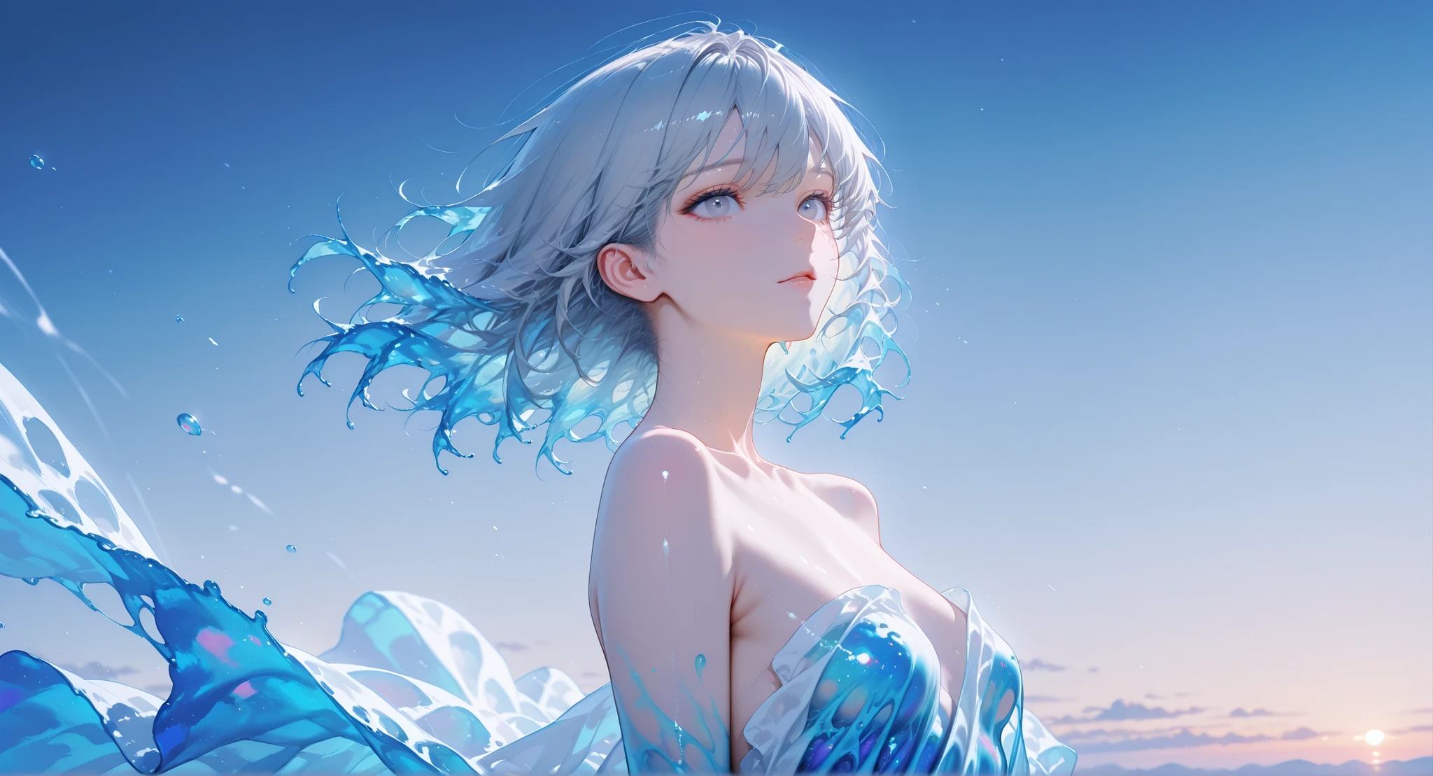 (masterpiece, Highest Quality:1.2), 8k, 85mm, Original photo, absurd, White and light blue theme, ((liquid clothes,  draped cloth)), gray hair, gradient dress, Delicate Girl, close-up face, shiny skin, 18 year old woman, See viewers, HDR, sharp focus, colorful、 particle, Twilight Sky, Detailed Eyes and Faces, gray hair, simple background，naked，small breasts，naked体の下半身，の胸,
