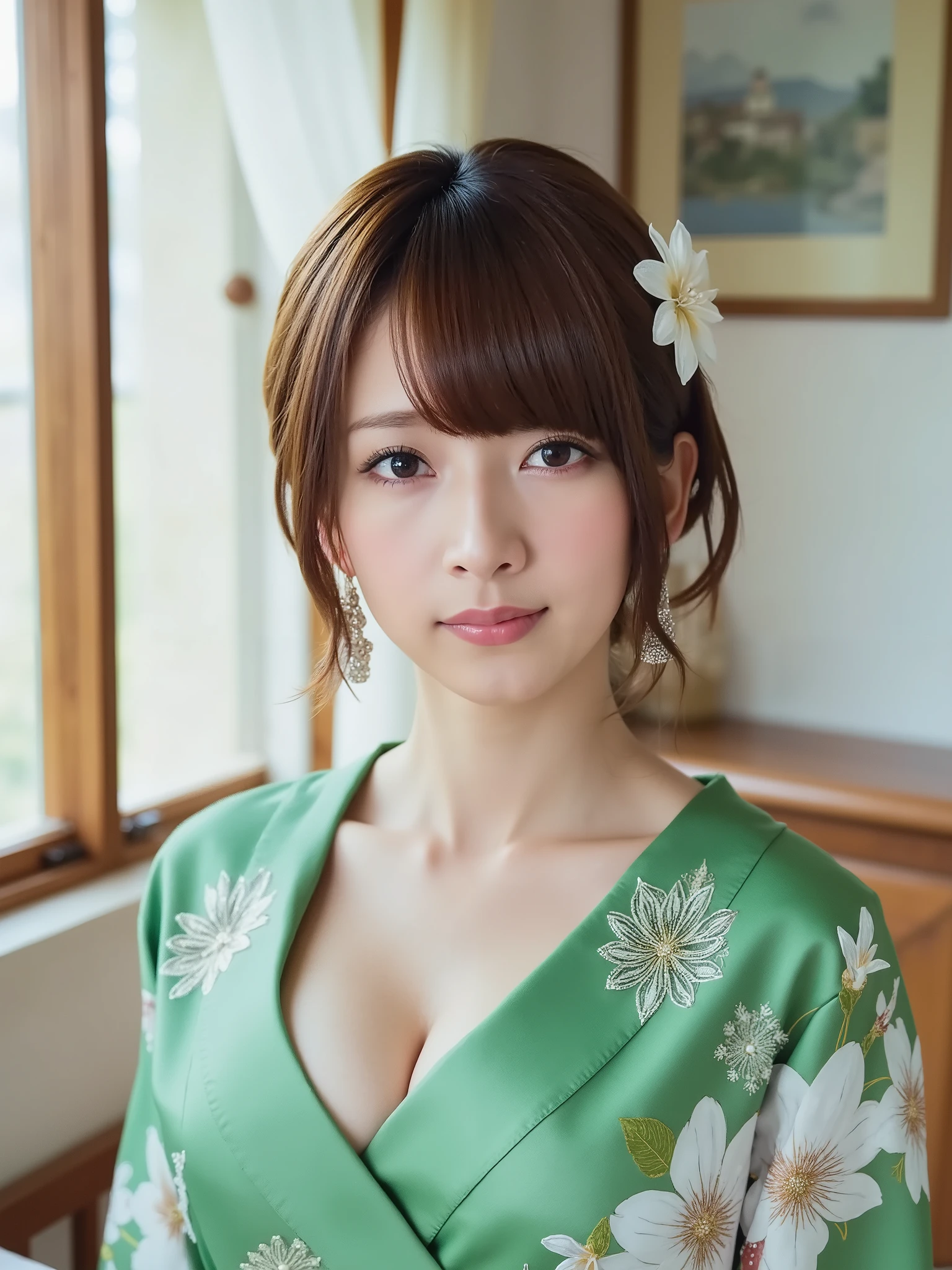 breasts,big cleavage,Slim Body,Green Cherry Print Kimono,Kimono chest part fully open,No underwear,Gold Maple Leaf Embroidery Exquisite,Ebony Long Hair Hairstyle,Fine Hair Accessory,Dangle Pearl Earrings,Gentle Sweet Smile,Traditional Vintage Japanese Style Room,Elegant kneeling on tatami,traditional Japanese style lamen with wooden frame