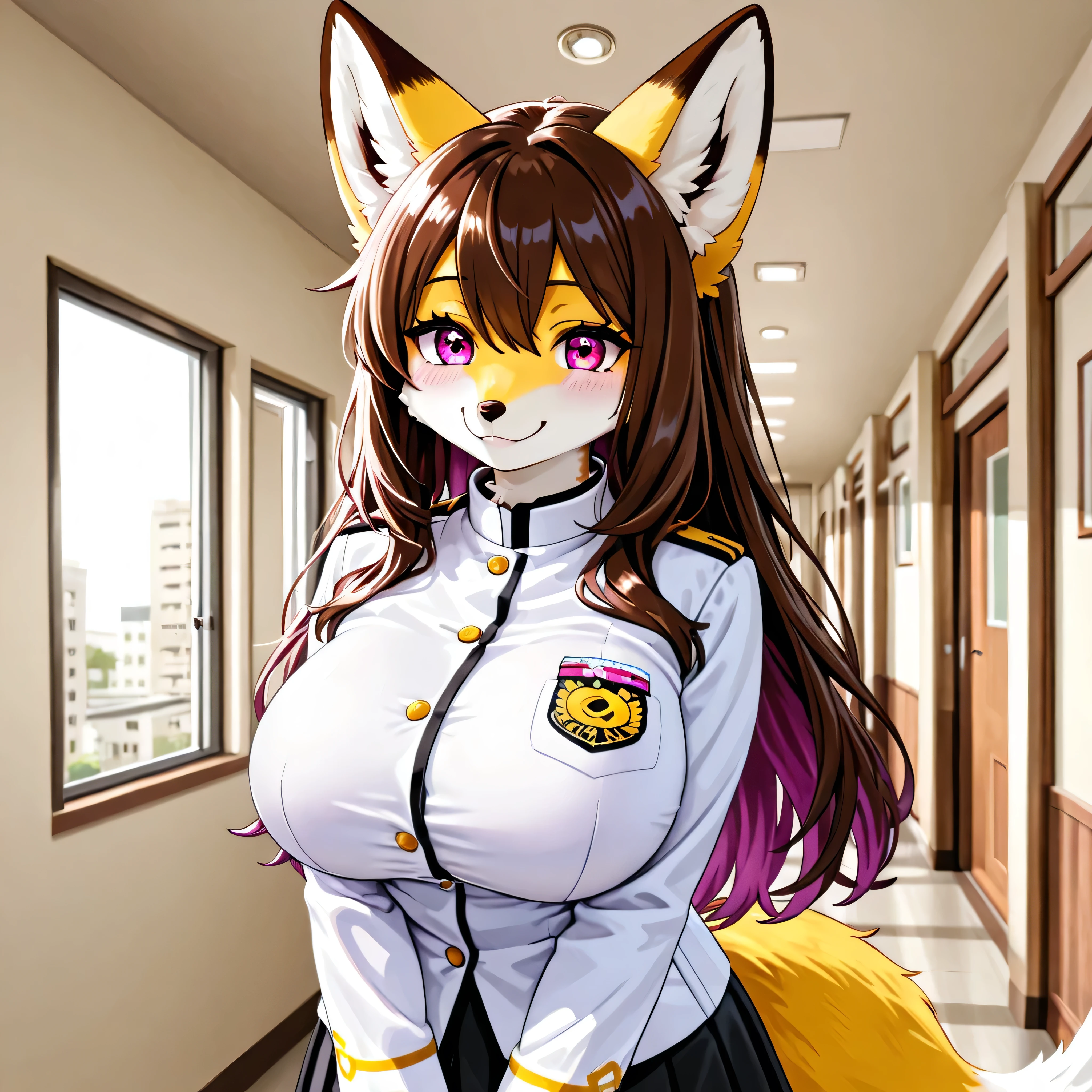 fox girl,furry, Yellow Fur ,fox tail,brown long hair,pink purple eyes,漂亮cute,white uniform,Black Skirt, C cup breast ,Smile,Soft Light,Harmonious light and shadow,HD,High Quality Details,cute,apartment hallway background