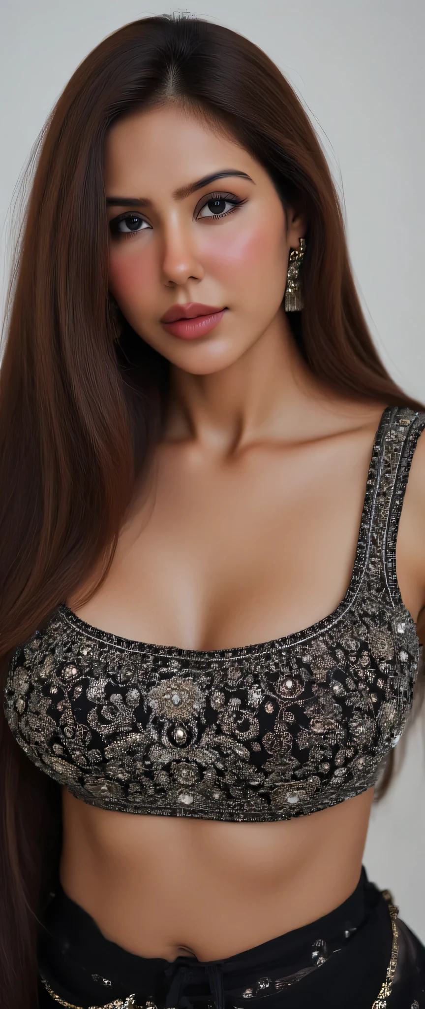 Close up photo of pakistani girl, front view, curvy, hourglass figure, tight , deep cleavage, black and silver work blouse and saree,navel, belly button, look at viewer and subtle smile, very long straight maroon hair, necklace, ear rings, nose ring, jhumka, wearing jasmine flowers in hair perfectly tight nice clevage poses red lips full body front face , jwellery ornaments nose piercing, curves , sharp focus, depth of field, 8k photo, HDR, professional lighting, taken with Canon EOS R5, DSLR, 75mm lens, curves pink show, deep cleavage looks, pale skin white background nice lighting , tight slim waist thick thies, 1 out , soft focus, depth of field, 8k photo, HDR, professional lighting, taken with Canon EOS R5, DSLR, 75mm lens, huge tight curves deep cleavage , long hair style