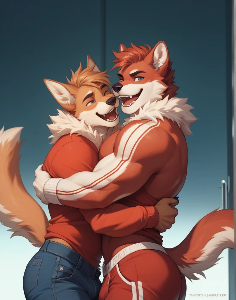 Fox, male people，shaggy，Furry，burly build，2boy，Look at each other, Leak, cleavage，????? muscle，Large pectoral muscles，musculature，burly build，Place your hand on each other's ????? ，Grab each other's ????? with your hands, ?????, ????????，Male ??????，perspired，((irate))，vredBedroom, big , precum, onbed, masterpiece, best quality, 4k