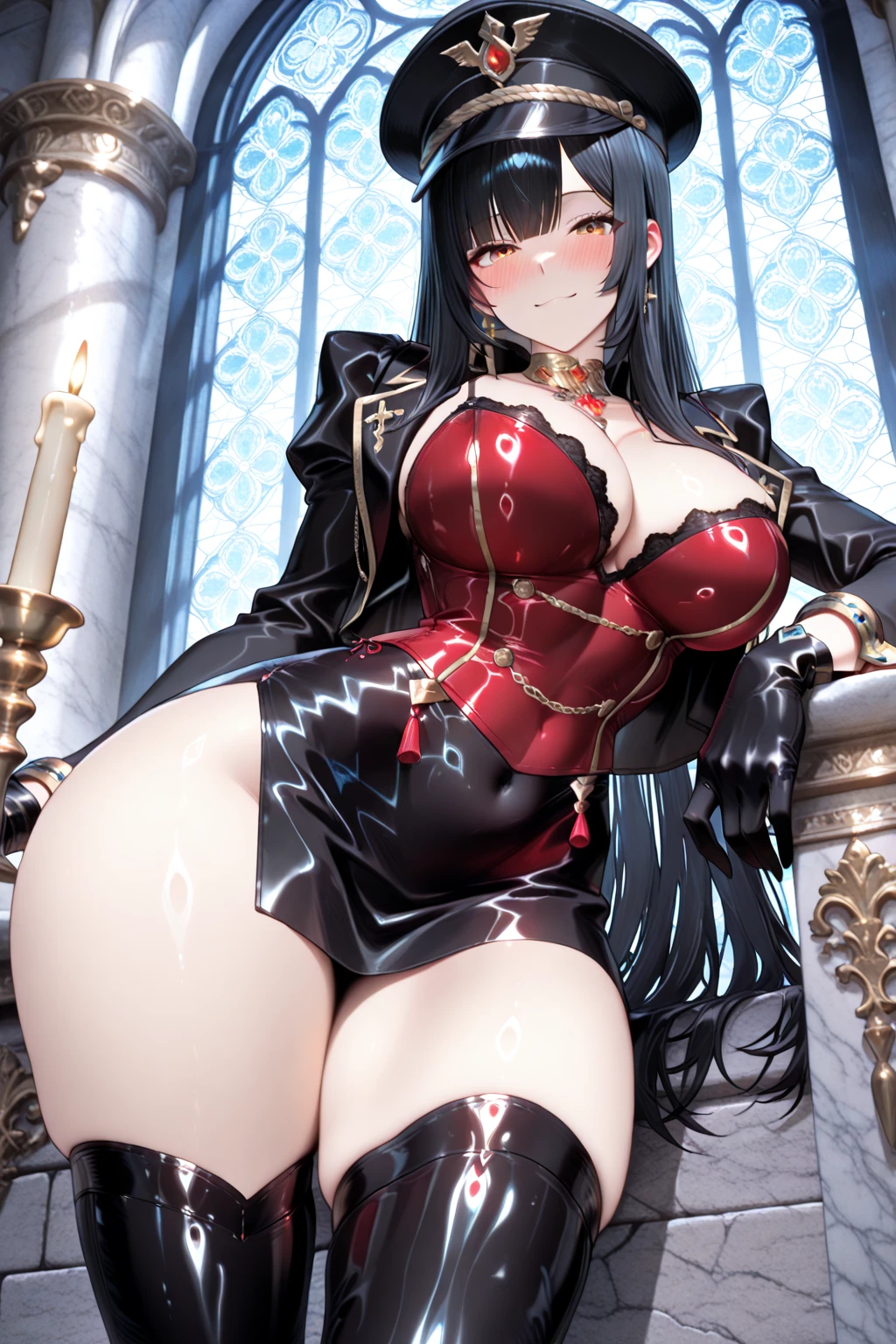 anime - style woman in latex sitting on a red chair, seductive anime girl, dominatrix, pixiv 3dcg, on her throne, sitting on her throne, badass anime 8 k, mistress, smooth anime cg art, 8k high quality detailed art, ????, noire, high detailed official artwork, beautiful anime girl squatting, black and red

