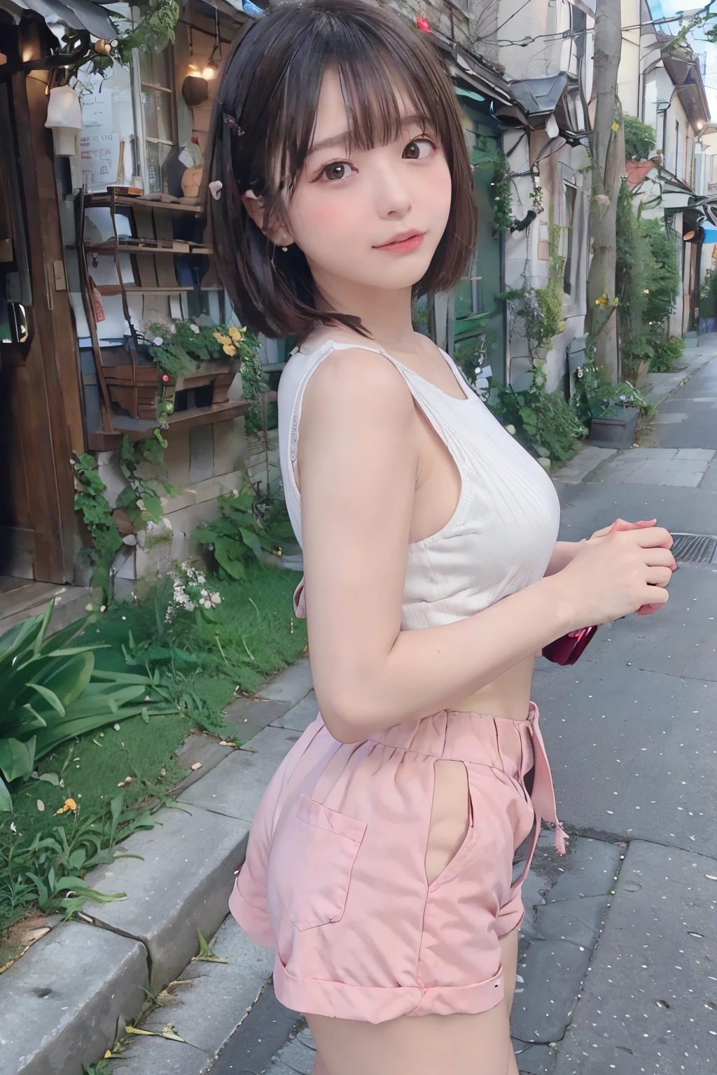 8k, raw photo, best quality, hires, realistic, photorealistic, extremely detailed 8k wallpaper, beautifully detailed eyes, finely detailed face,
 BREAK 
diagonal composition:0.6,
dynamic low angle:1.0,
 BREAK 
cinematic lighting,
bokeh:0.6,
soft contrast:0.4, soft saturation:0.4,
 BREAK 
(perfectly anatomically correct:1.2,
5 beautiful thin finger:1.0),
 BREAK 
(cobbled street in autumn),
the outdoors setting with the ivy-covered red brick wall for contrasting shades:1.0,
contributing to a clean and minimalistic environment,
the lighting is soft and natural, creating subtle shadows and enhancing the smooth texture of skin,
 BREAK 
1 female,
kawaii like a fairy:1.2, cute natural anime face:1.2,
short bob hair:0.6,
symmetrical face line, stereoscopic projection of baby face,
symmetrical clear eyes, chocolate color eyes with sparkling highlights:1.0,
curled eyelashes,
gentle narrow eyes, wide-set eyes, tareme, double eyelids:0.6, subtle eye bags:0.6,
(small round face), rounded jaw, [blush, embarrassed, heavy lips, pouted cheek, chiseled face],
wearing belted shorts,
the lower part of butt is sticking out of belted shorts:0.4,
belted shorts adhere to flesh circumference:0.4,
even though we can see raw flesh of bottom-butt:0.4,
glistening on butt lower curves:0.4, deep gentle shadows of butt under curves:0.4,
very large butt upturned:0.4, ideal spherical shape adorable butt:0.4, curvy thighs:1.0,
sensual pussy:0.4, the body draws beautiful s-curve:0.4,
looking down viewer:0.6,
an ultimate state of feeling so ecstasy with opening mouth a little:1.0,